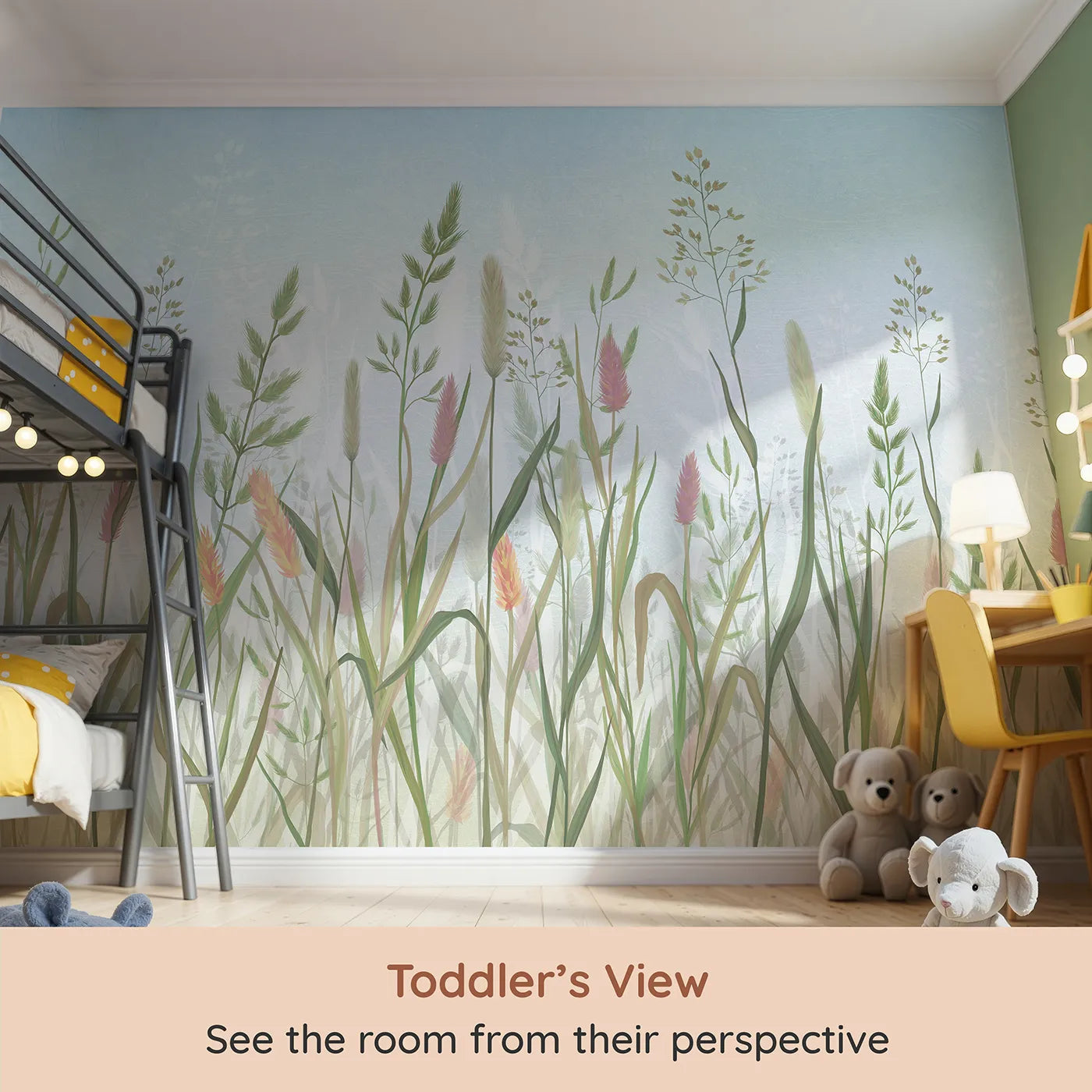 Whimsy Tots Pastel Wild Grass Wall Mural (Turn Their Room into a Soft and Gentle Meadow) from your child's view.Gender-Neutral