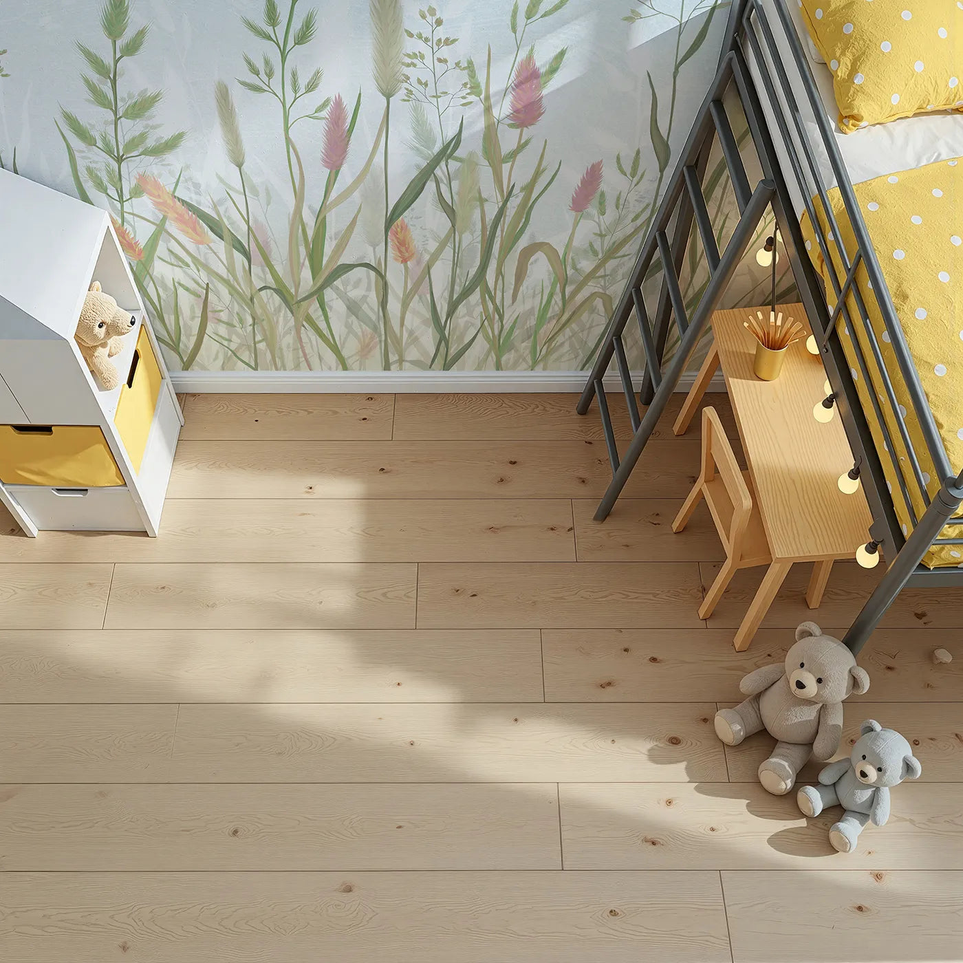 Top-down view of Whimsy Tots' Pastel Wild Grass Wall Mural (Turn Their Room into a Soft and Gentle Meadow).Gender-Neutral