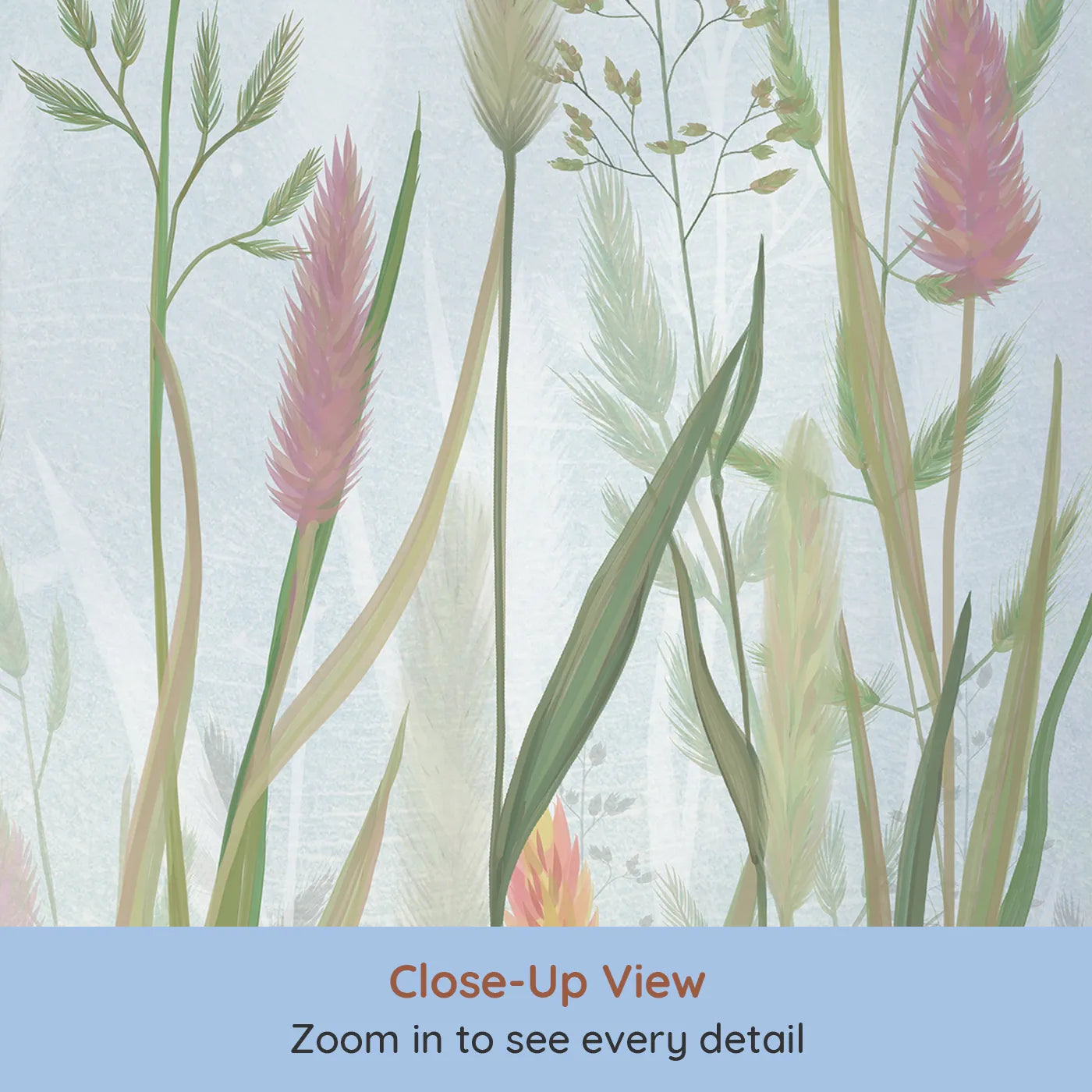 Close-up view of Whimsy Tots' Pastel Wild Grass Wall Mural (Turn Their Room into a Soft and Gentle Meadow).Gender-Neutral