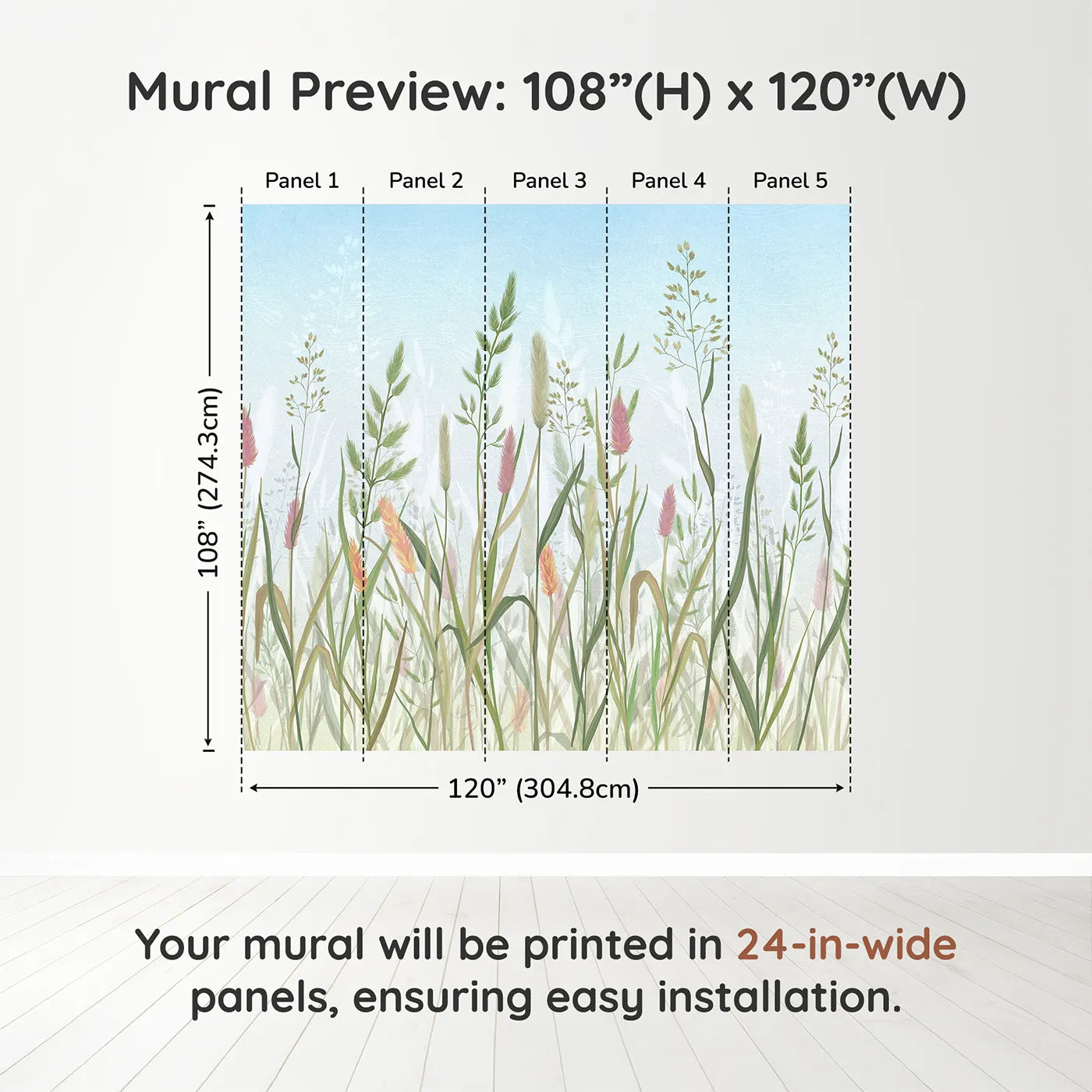 Whimsy Tots Pastel Wild Grass Wall Muraldimension view (108" H x 120" W). Printed in five 24-inch-wide panels. Gender-Neutral