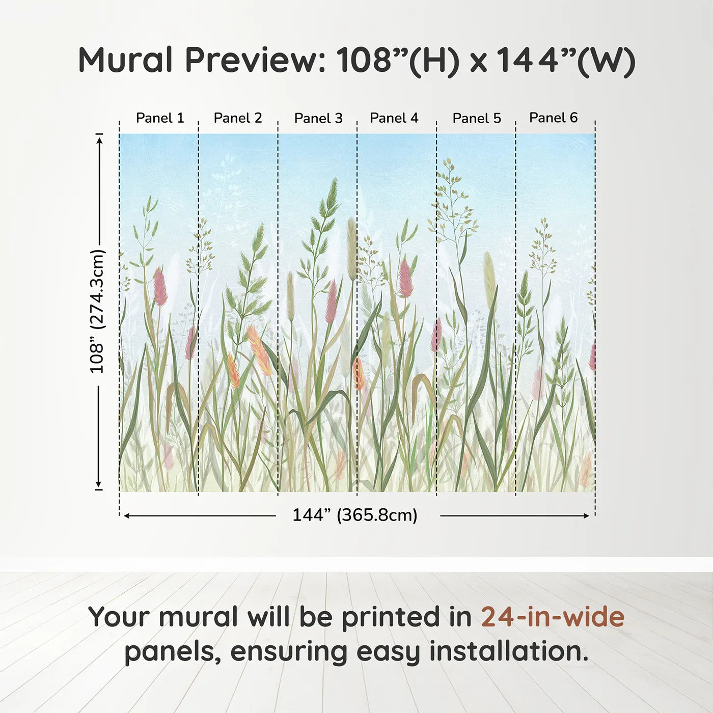 Whimsy Tots Pastel Wild Grass Wall Muraldimension view (108" H x 144" W). Printed in six 24-inch-wide panels. Gender-Neutral