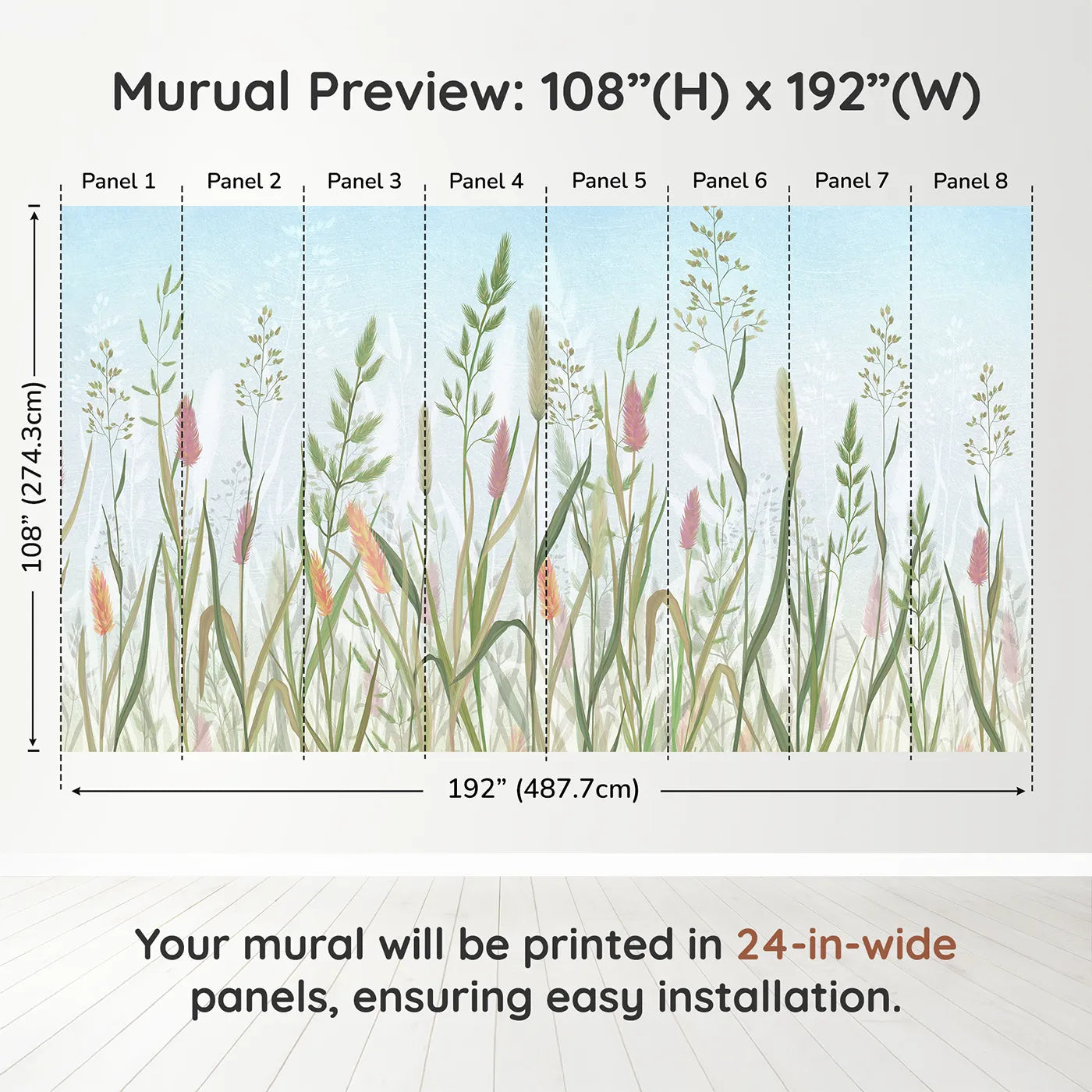 Whimsy Tots Pastel Wild Grass Wall Muraldimension view (108" H x 192" W). Printed in eight 24-inch-wide panels. Gender-Neutral