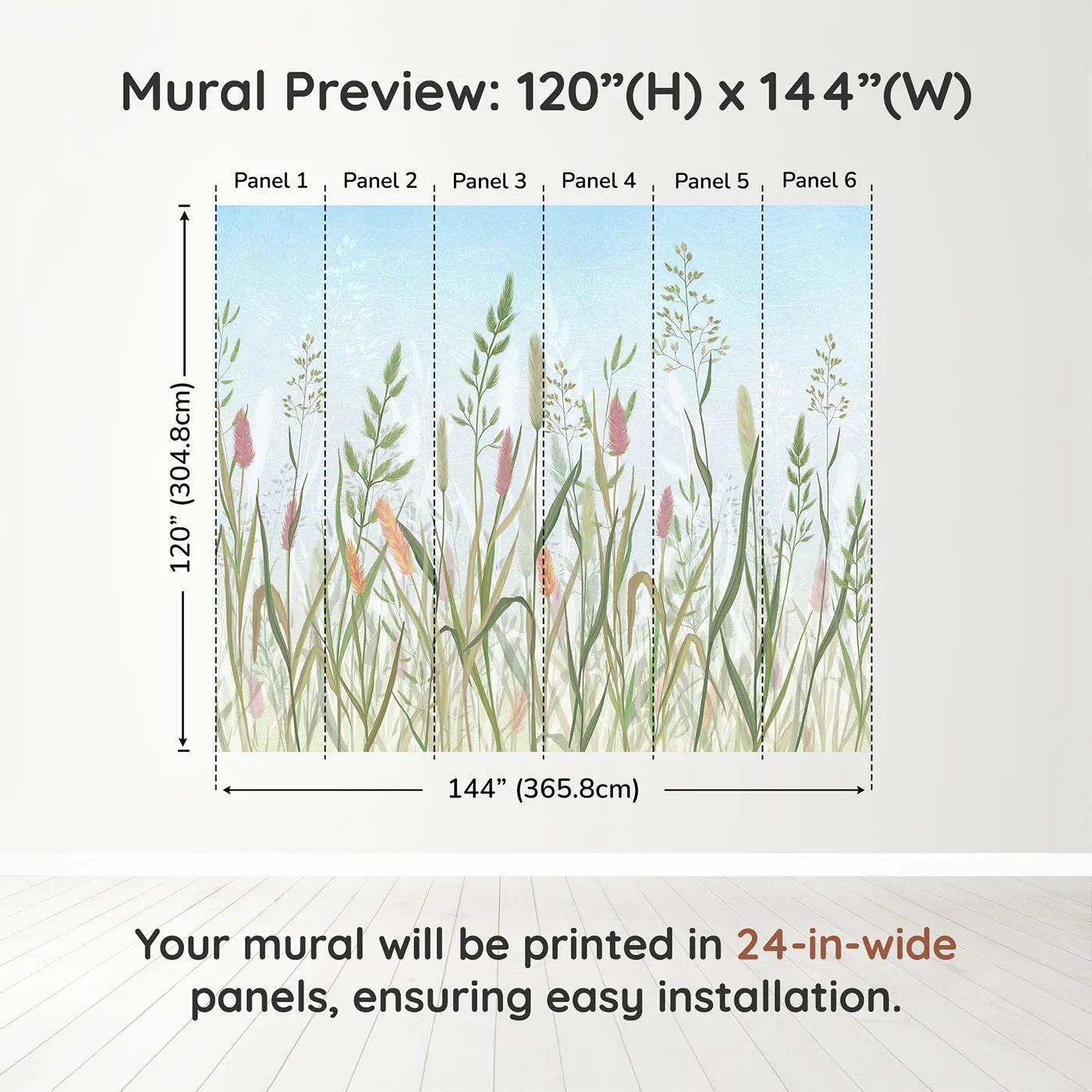 Whimsy Tots Pastel Wild Grass Wall Muraldimension view (120" H x 144" W). Printed in six 24-inch-wide panels. Gender-Neutral