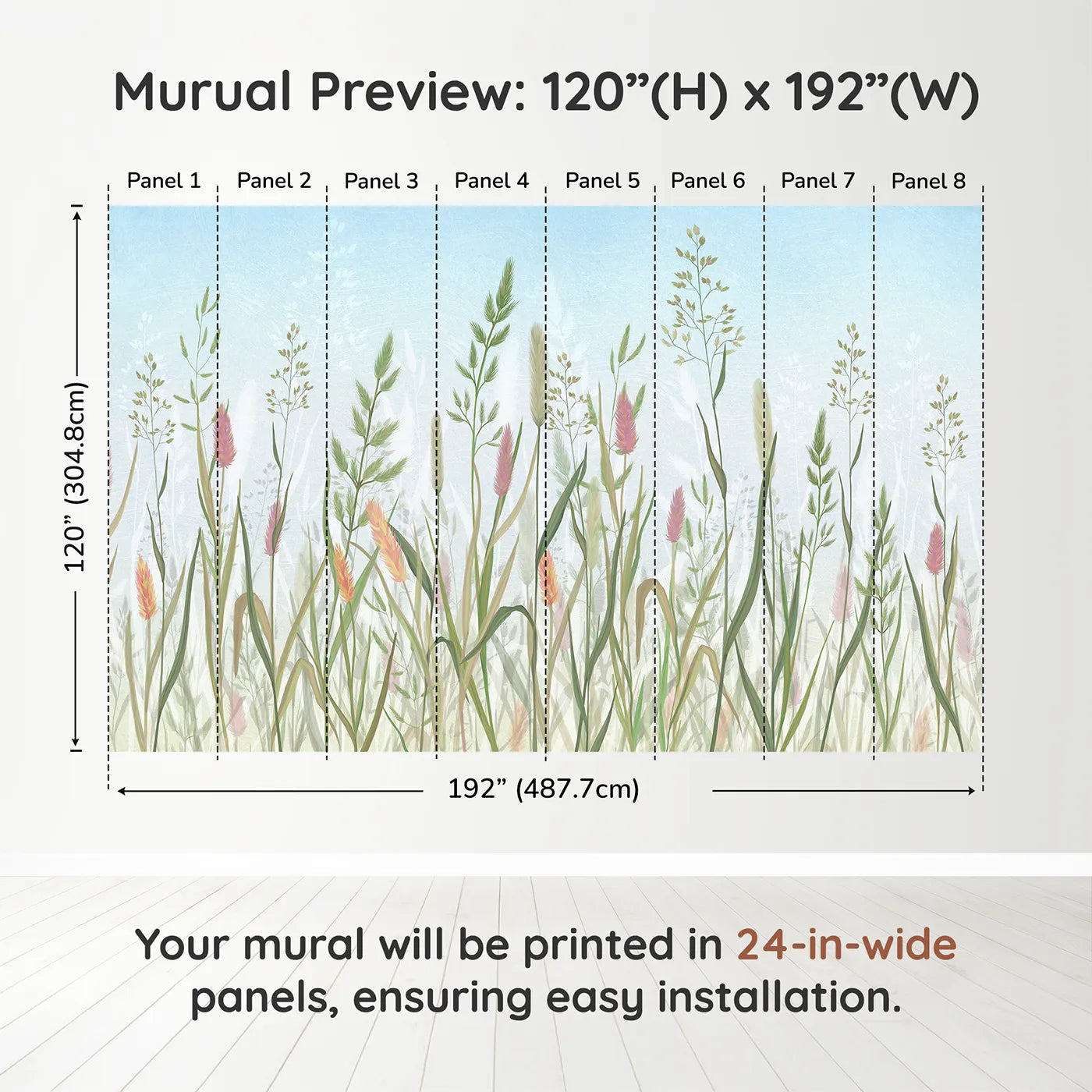 Whimsy Tots Pastel Wild Grass Wall Muraldimension view (120" H x 192" W). Printed in eight 24-inch-wide panels. Gender-Neutral