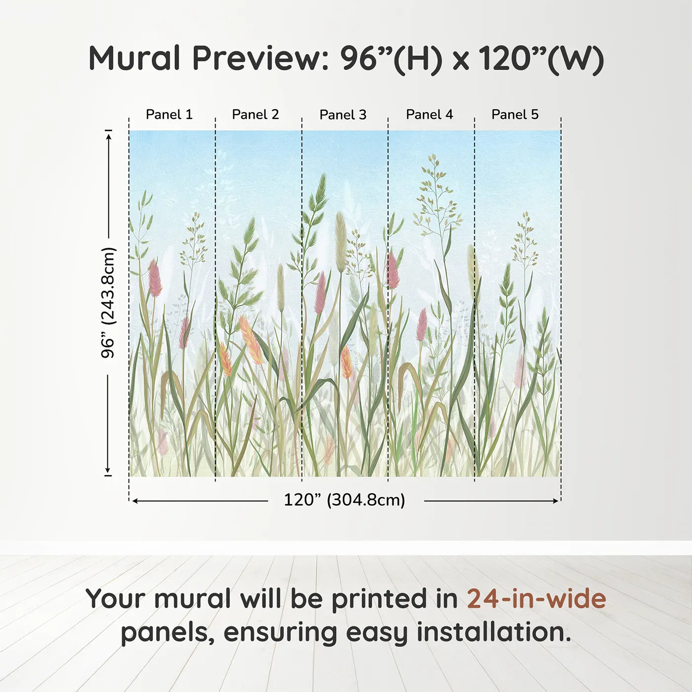 Whimsy Tots Pastel Wild Grass Wall Muraldimension view (96" H x 120" W). Printed in five 24-inch-wide panels. Gender-Neutral