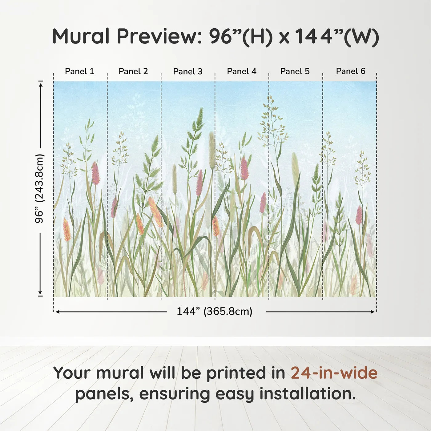 Whimsy Tots Pastel Wild Grass Wall Muraldimension view (96" H x 144" W). Printed in six 24-inch-wide panels. Gender-Neutral