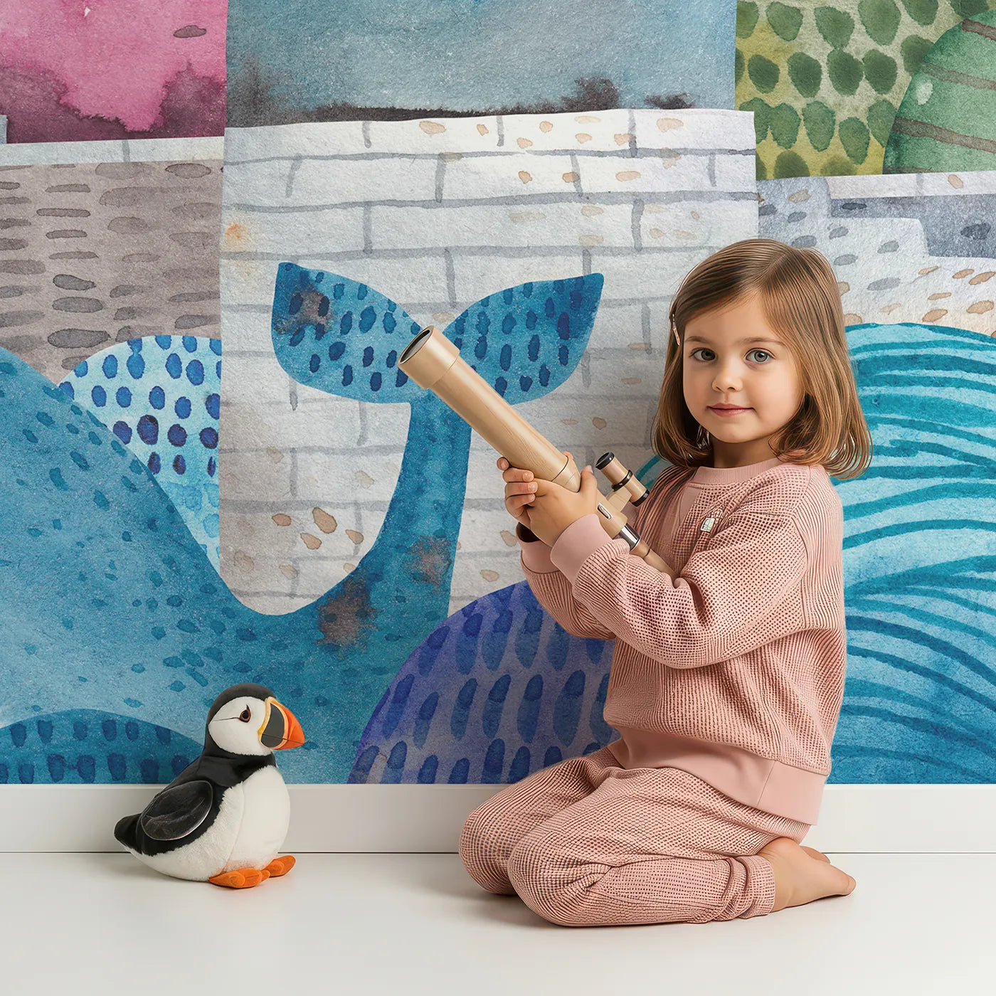 Child in front of Whimsy Tots Watercolor Harbor Town Wall Mural with town, harbor, sea, whale, boat, lighthouse, rainbow, watercolor in design.