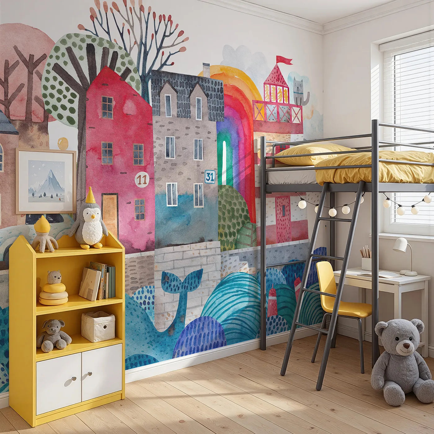 Angled view of Whimsy Tots' Watercolor Harbor Town Wall Mural (Turn Their Room into a Bustling, Colorful Harbor).Gender-Neutral