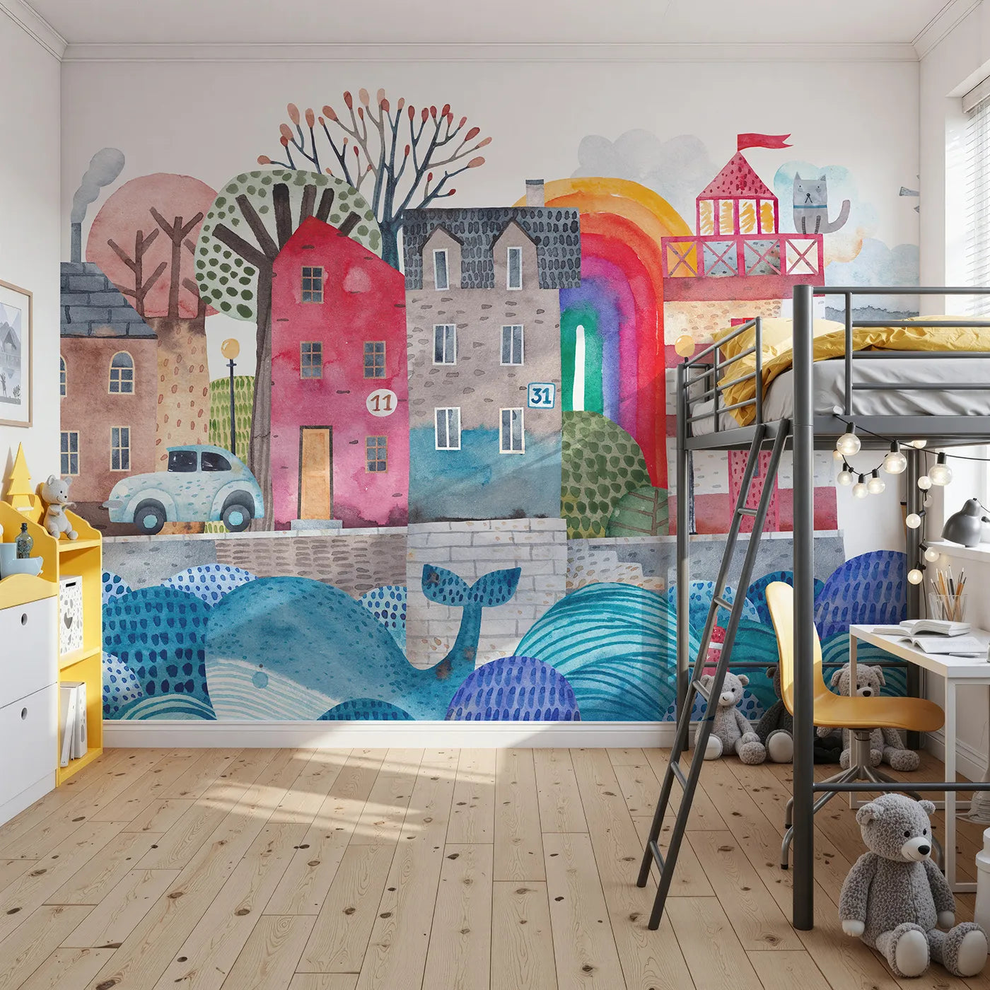 Front view of Whimsy Tots' Watercolor Harbor Town Wall Mural