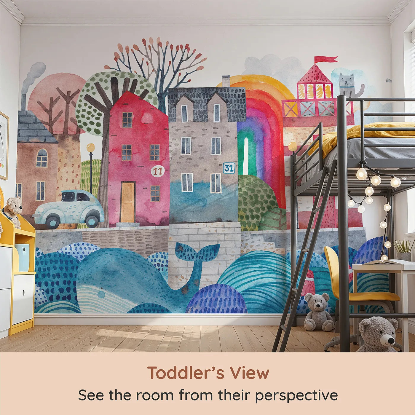Whimsy Tots Watercolor Harbor Town Wall Mural (Turn Their Room into a Bustling, Colorful Harbor) from your child's view.Gender-Neutral