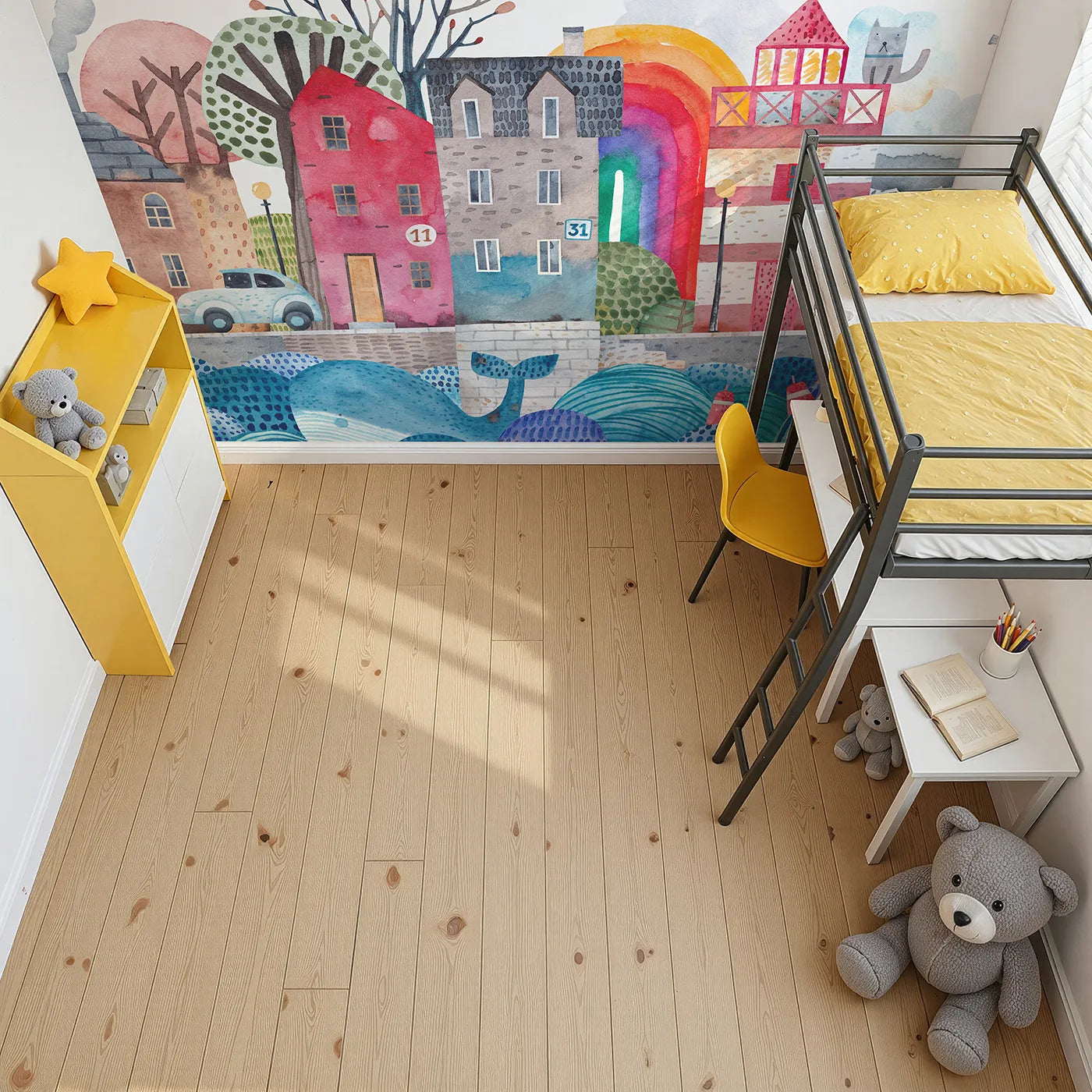 Top-down view of Whimsy Tots' Watercolor Harbor Town Wall Mural (Turn Their Room into a Bustling, Colorful Harbor).Gender-Neutral
