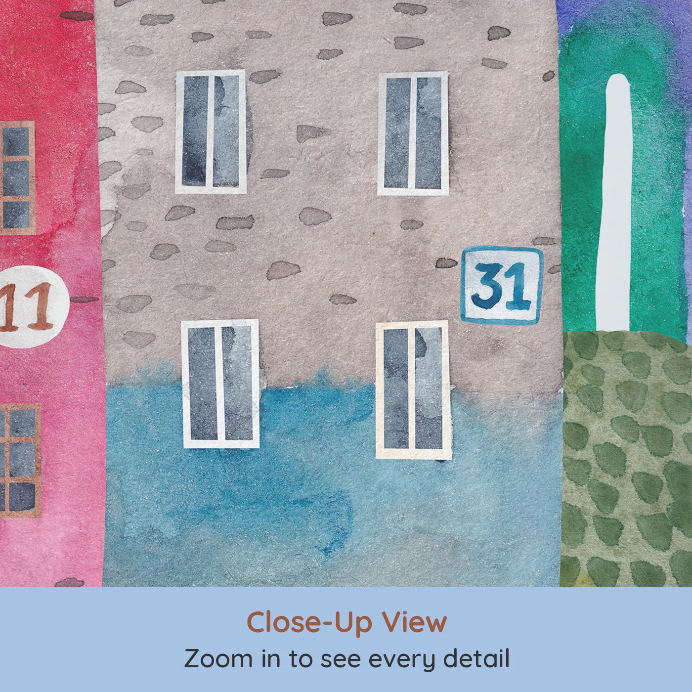 Close-up view of Whimsy Tots' Watercolor Harbor Town Wall Mural (Turn Their Room into a Bustling, Colorful Harbor).Gender-Neutral