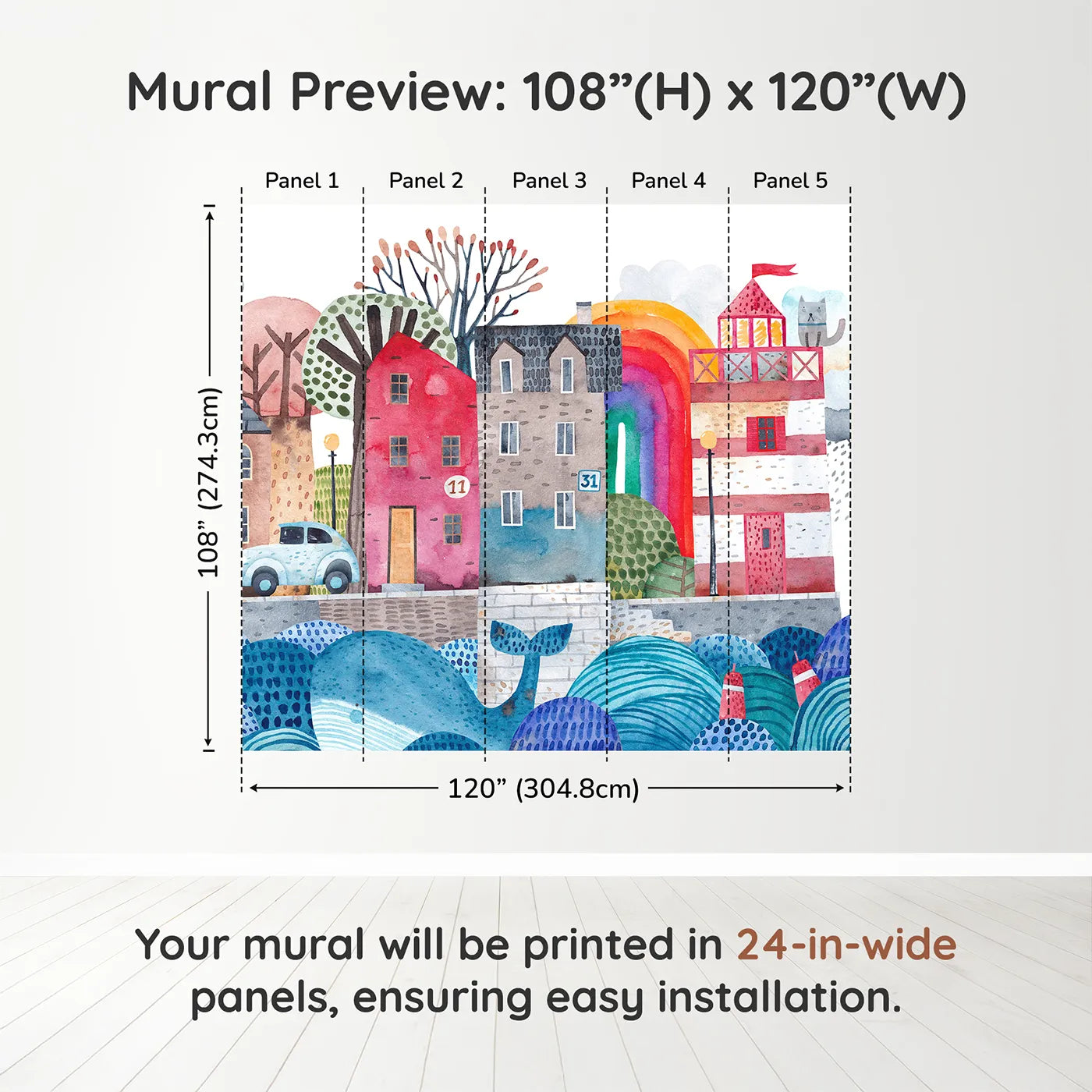 Whimsy Tots Watercolor Harbor Town Wall Muraldimension view (108" H x 120" W). Printed in five 24-inch-wide panels. Gender-Neutral