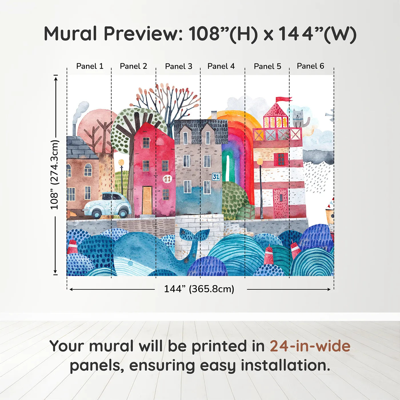 Whimsy Tots Watercolor Harbor Town Wall Muraldimension view (108" H x 144" W). Printed in six 24-inch-wide panels. Gender-Neutral