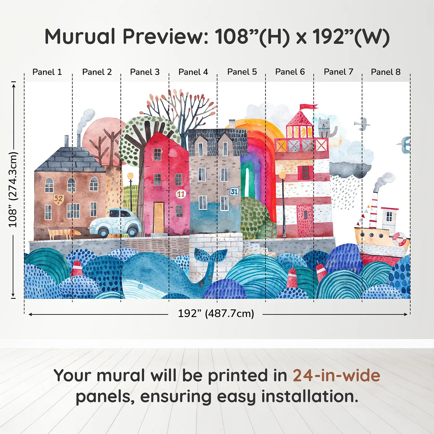 Whimsy Tots Watercolor Harbor Town Wall Muraldimension view (108" H x 192" W). Printed in eight 24-inch-wide panels. Gender-Neutral