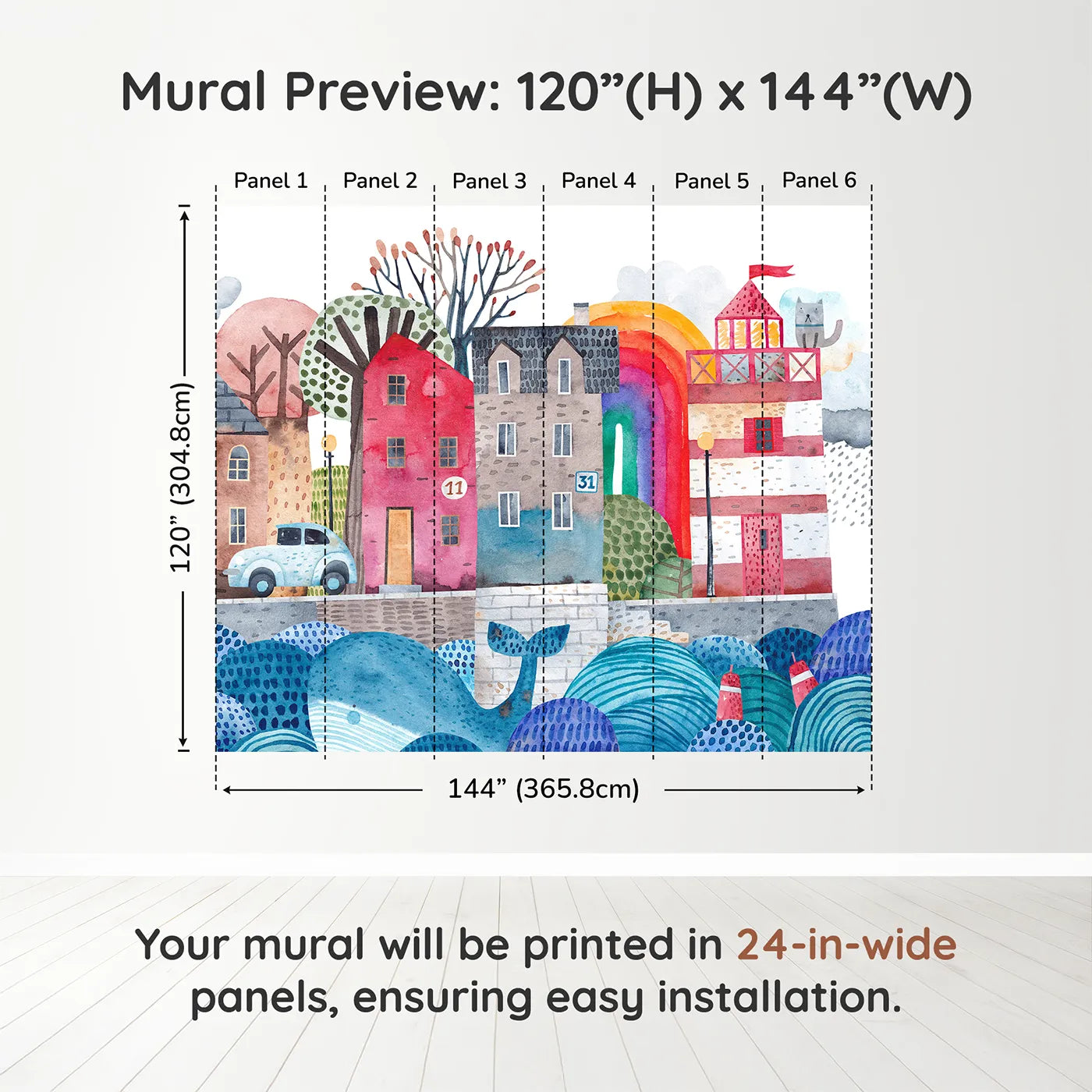 Whimsy Tots Watercolor Harbor Town Wall Muraldimension view (120" H x 144" W). Printed in six 24-inch-wide panels. Gender-Neutral