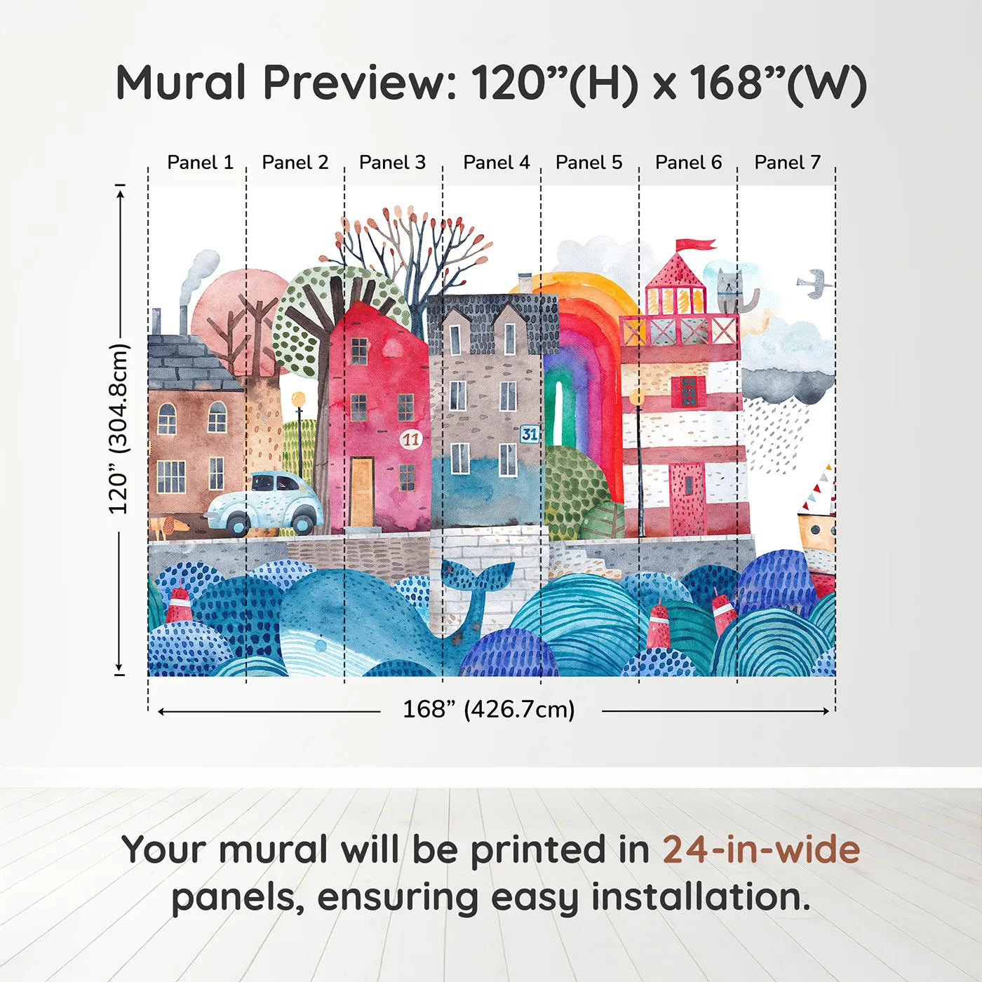 Whimsy Tots Watercolor Harbor Town Wall Muraldimension view (120" H x 168" W). Printed in seven 24-inch-wide panels. Gender-Neutral