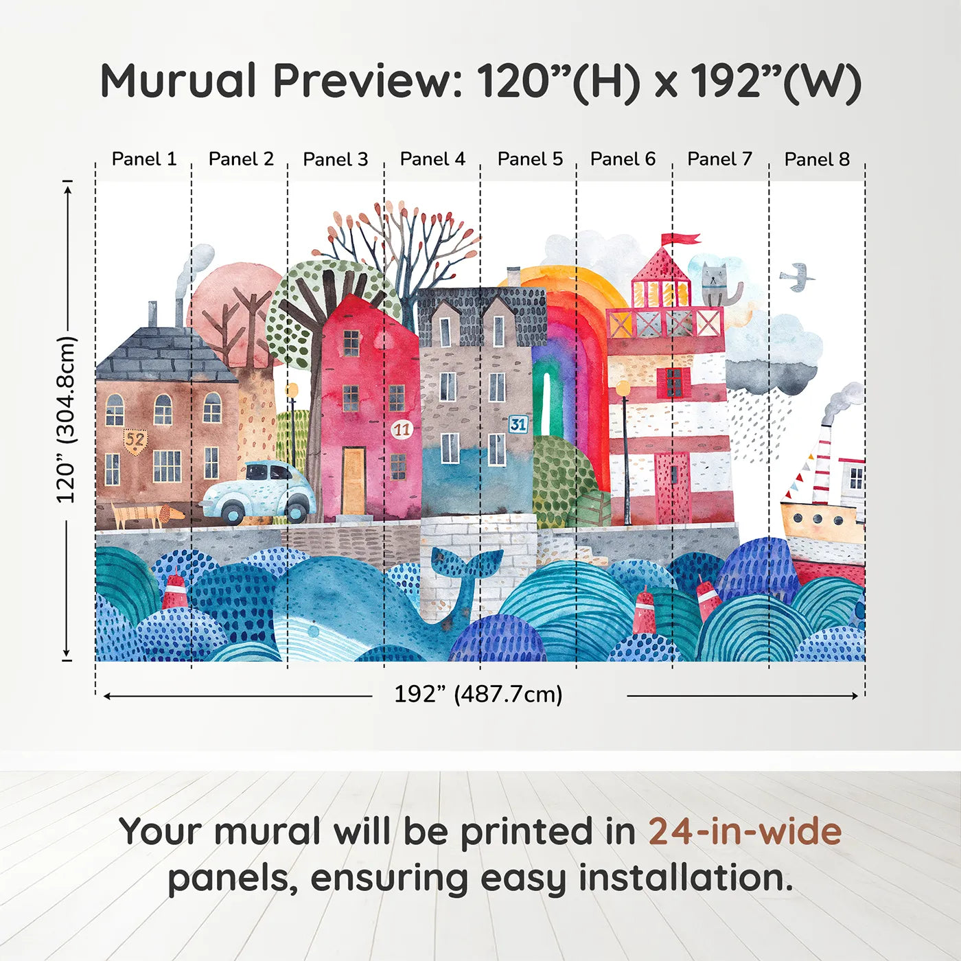 Whimsy Tots Watercolor Harbor Town Wall Muraldimension view (120" H x 192" W). Printed in eight 24-inch-wide panels. Gender-Neutral