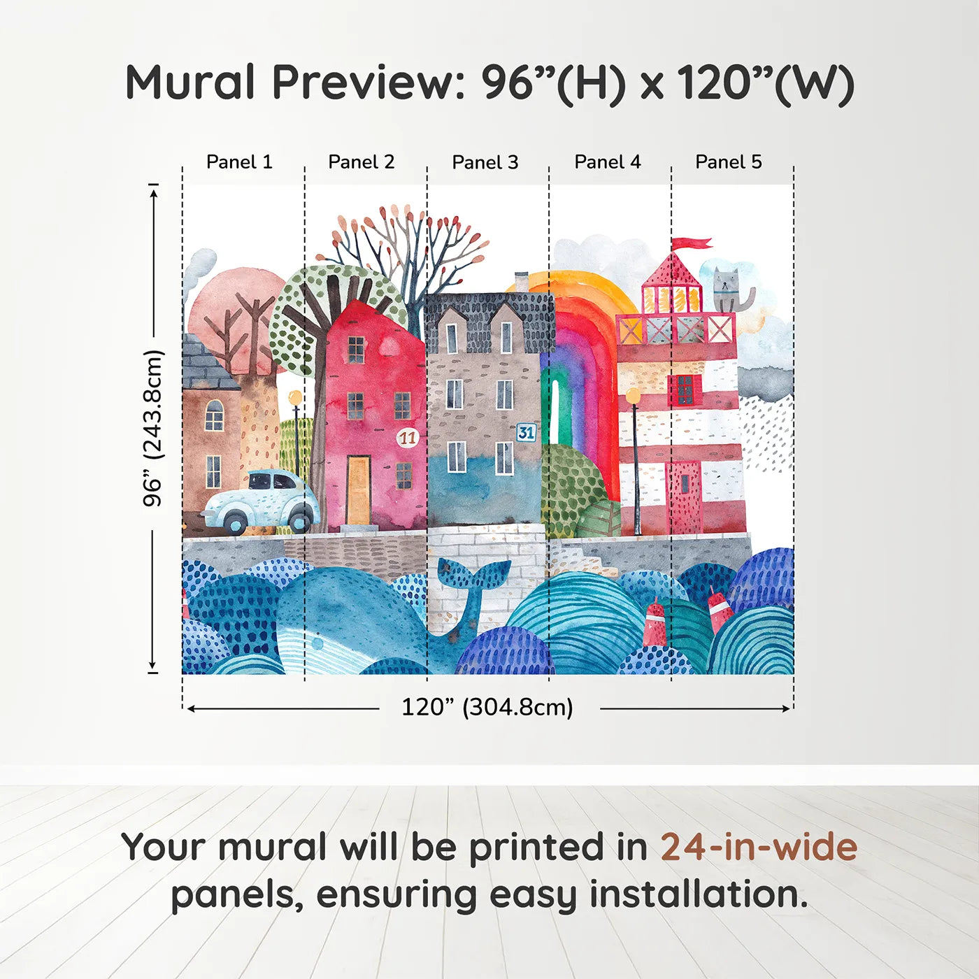 Whimsy Tots Watercolor Harbor Town Wall Muraldimension view (96" H x 120" W). Printed in five 24-inch-wide panels. Gender-Neutral