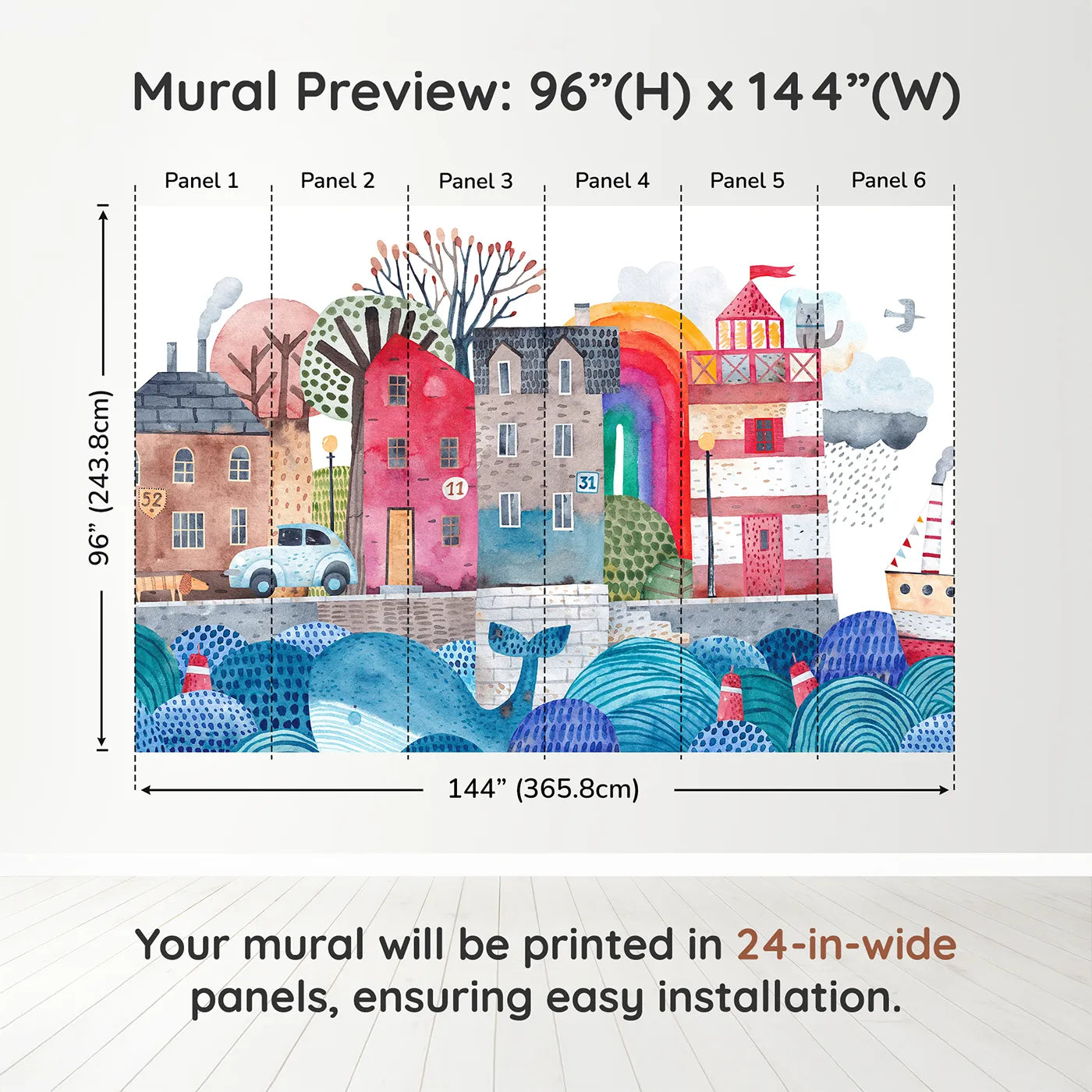 Whimsy Tots Watercolor Harbor Town Wall Muraldimension view (96" H x 144" W). Printed in six 24-inch-wide panels. Gender-Neutral