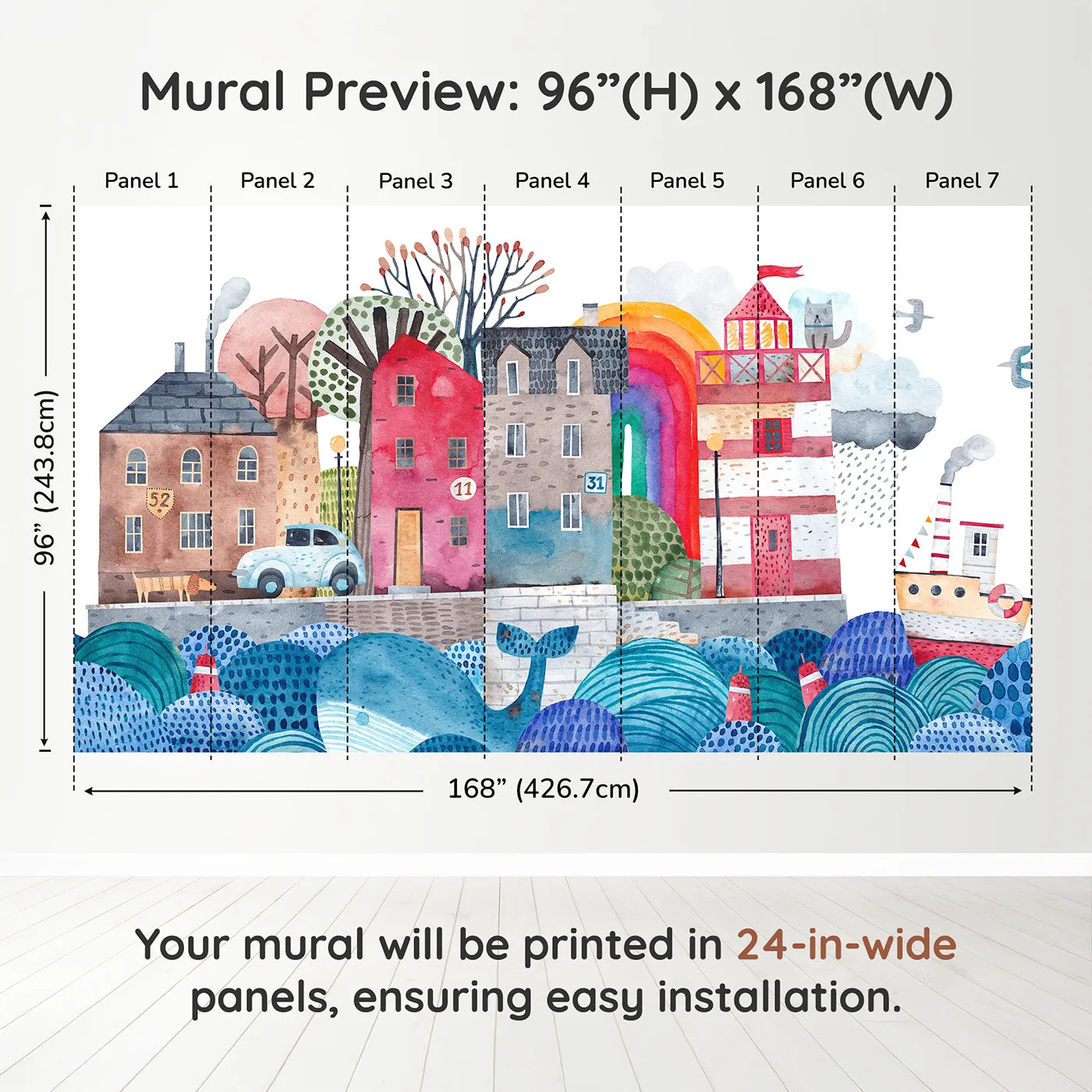 Whimsy Tots Watercolor Harbor Town Wall Muraldimension view (96" H x 168" W). Printed in seven 24-inch-wide panels. Gender-Neutral