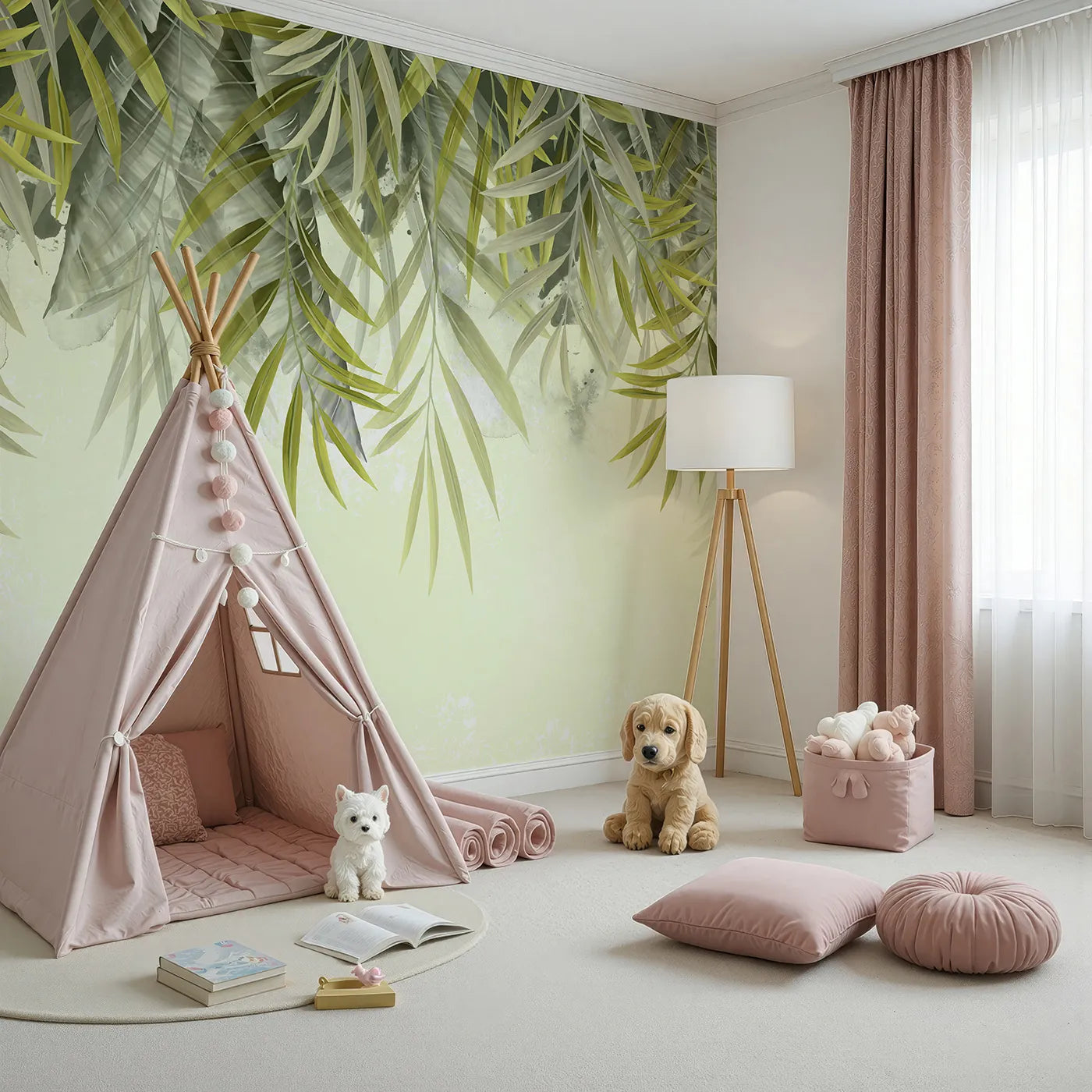 Angled view of Whimsy Tots' Hanging Palm Leaves Wall Mural (Turn Their Room into a Calm and Leafy Canopy).Gender-Neutral