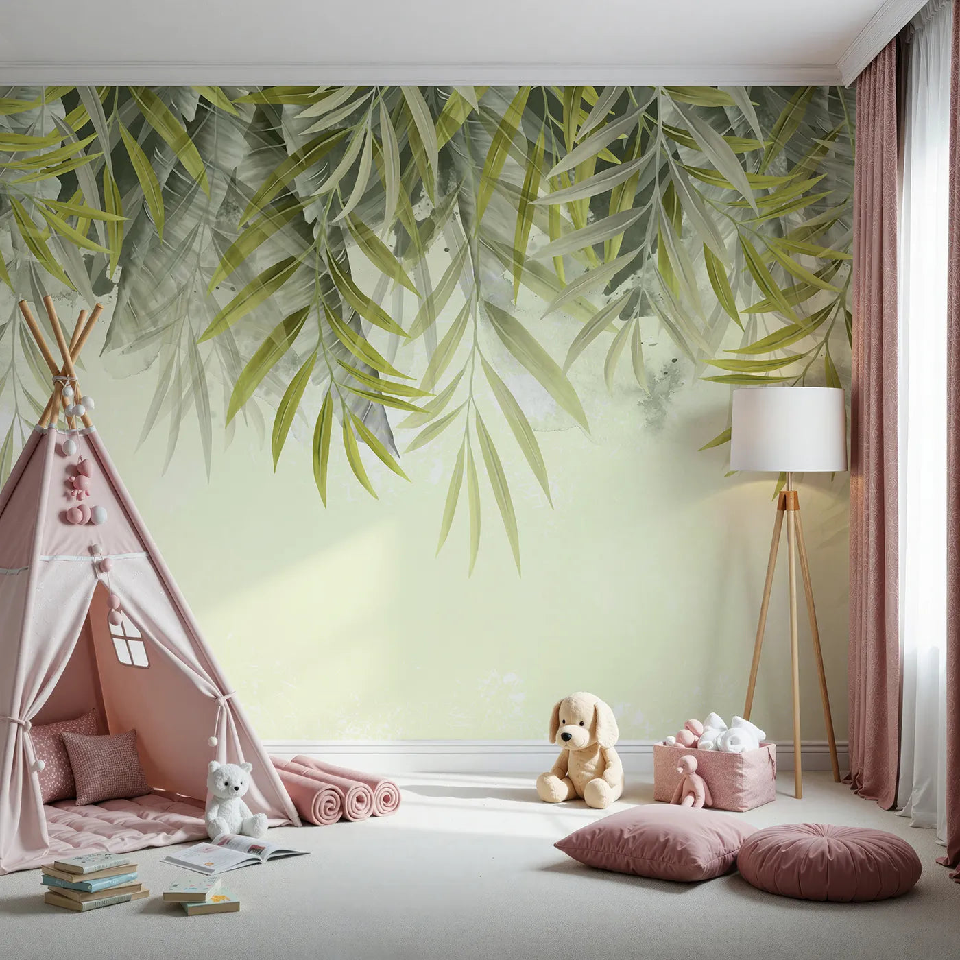 Front view of Whimsy Tots' Hanging Palm Leaves Wall Mural