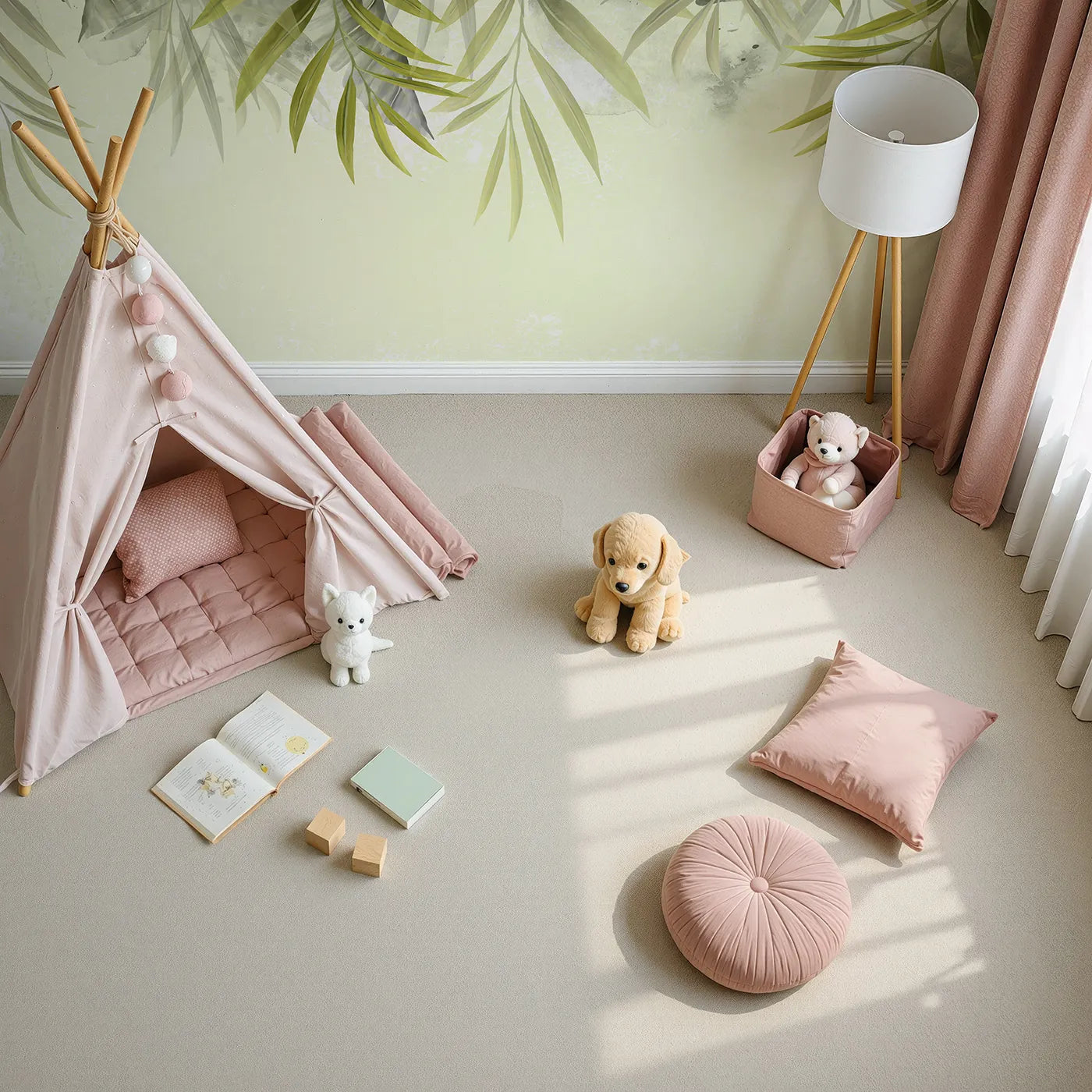 Top-down view of Whimsy Tots' Hanging Palm Leaves Wall Mural (Turn Their Room into a Calm and Leafy Canopy).Gender-Neutral