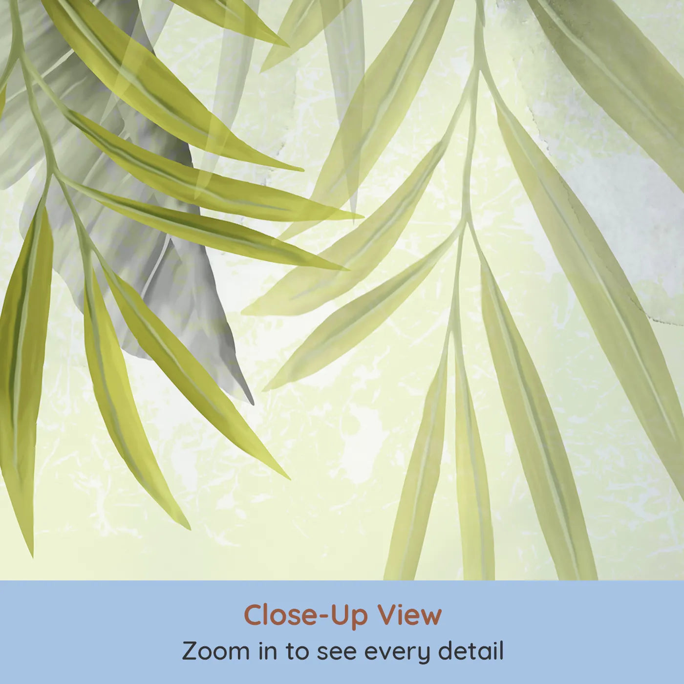 Close-up view of Whimsy Tots' Hanging Palm Leaves Wall Mural (Turn Their Room into a Calm and Leafy Canopy).Gender-Neutral
