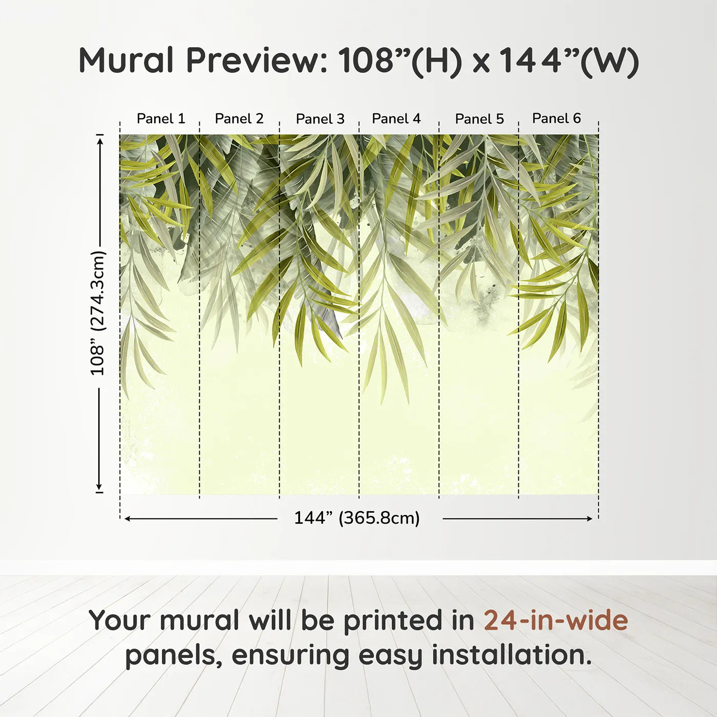 Whimsy Tots Hanging Palm Leaves Wall Muraldimension view (108" H x 144" W). Printed in six 24-inch-wide panels. Gender-Neutral
