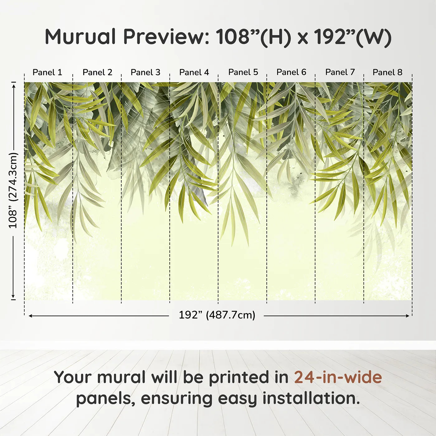 Whimsy Tots Hanging Palm Leaves Wall Muraldimension view (108" H x 192" W). Printed in eight 24-inch-wide panels. Gender-Neutral
