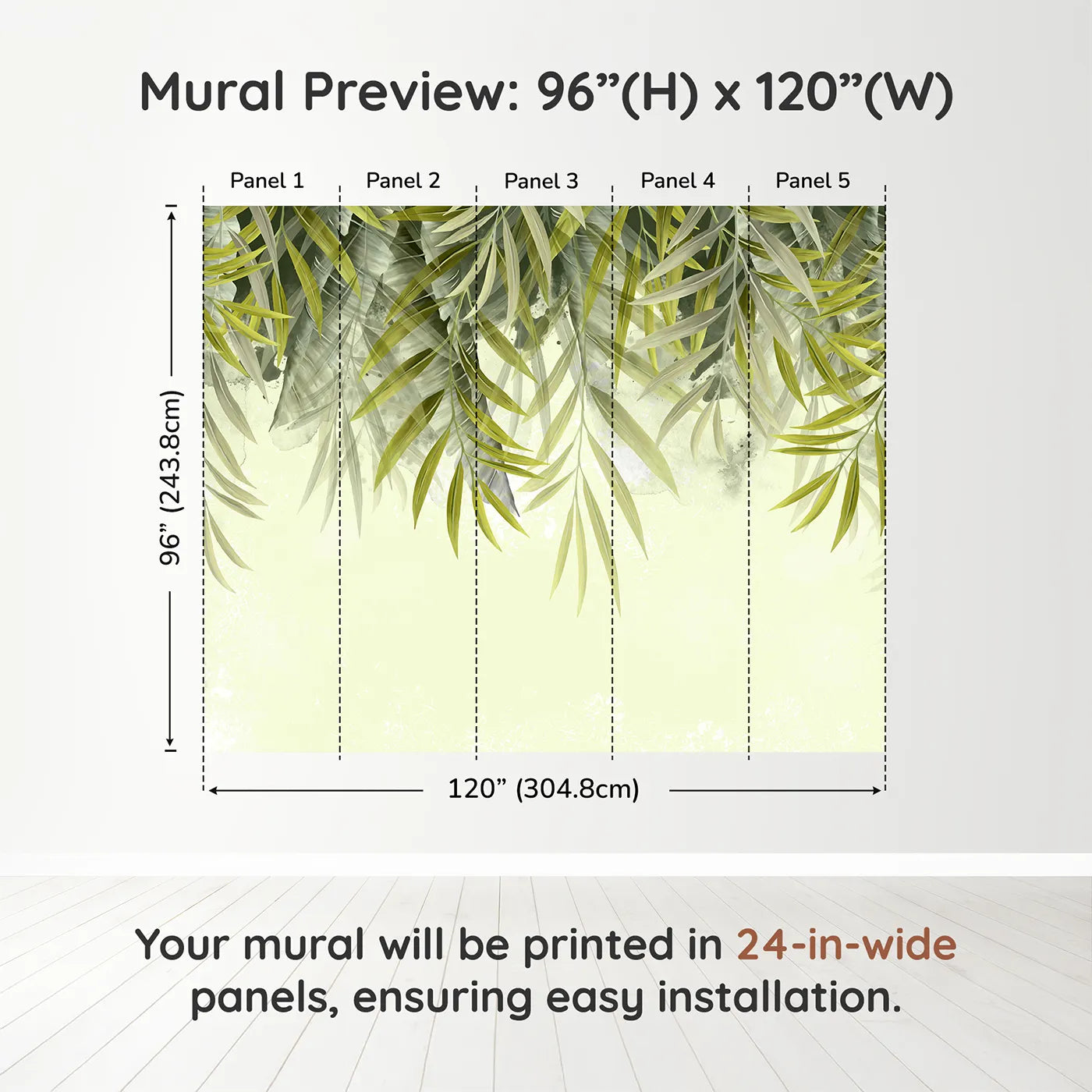 Whimsy Tots Hanging Palm Leaves Wall Muraldimension view (96" H x 120" W). Printed in five 24-inch-wide panels. Gender-Neutral