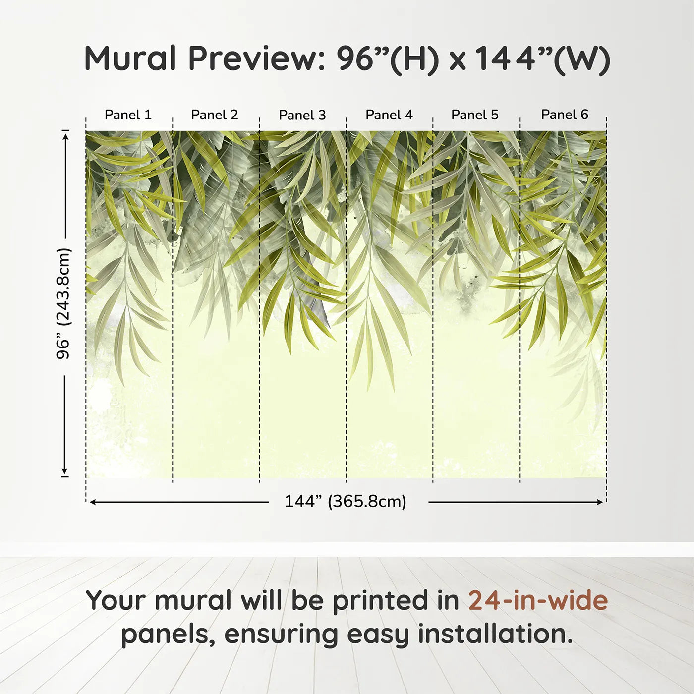 Whimsy Tots Hanging Palm Leaves Wall Muraldimension view (96" H x 144" W). Printed in six 24-inch-wide panels. Gender-Neutral