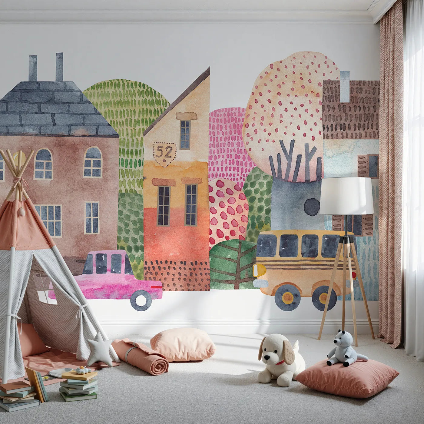 Front view of Whimsy Tots' Watercolor Town Street Wall Mural