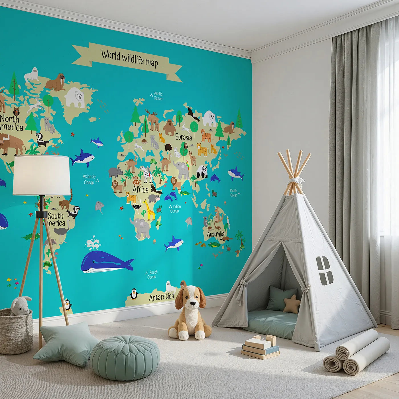 Angled view of Whimsy Tots' World Wildlife Map Wall Mural in Teal (Turn Their Room into a Global Animal Adventure).Gender-Neutral