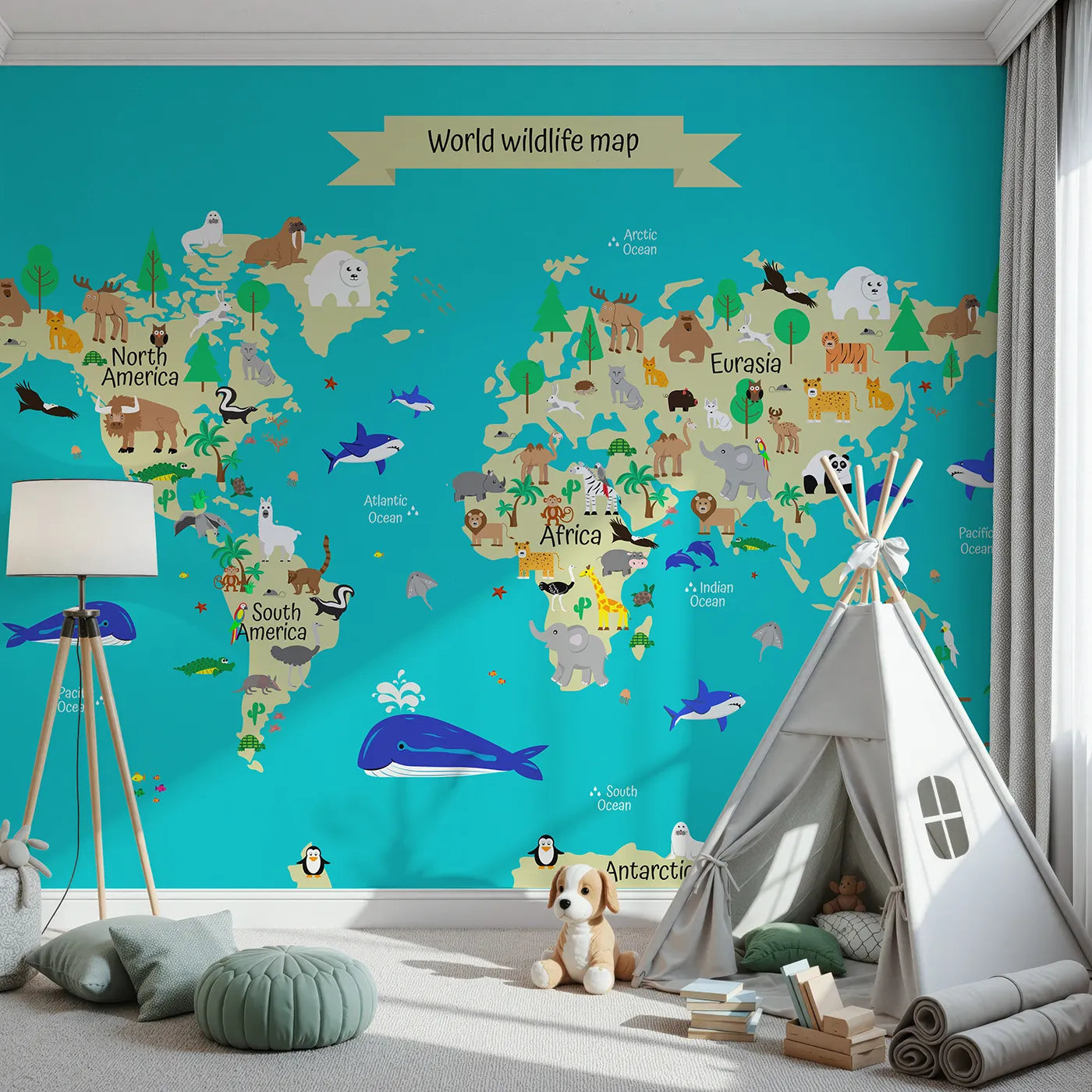 Front view of Whimsy Tots' World Wildlife Map Wall Mural in Teal