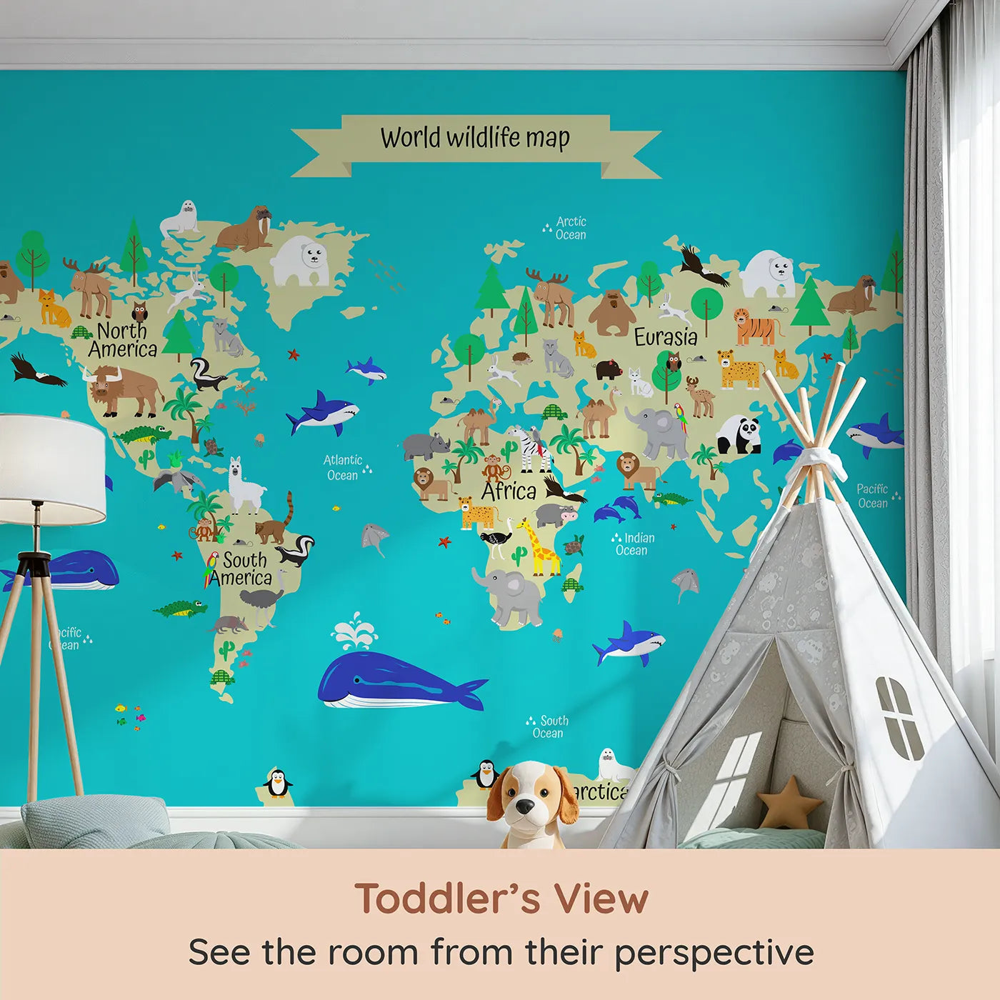 Whimsy Tots World Wildlife Map Wall Mural in Teal (Turn Their Room into a Global Animal Adventure) from your child's view.Gender-Neutral