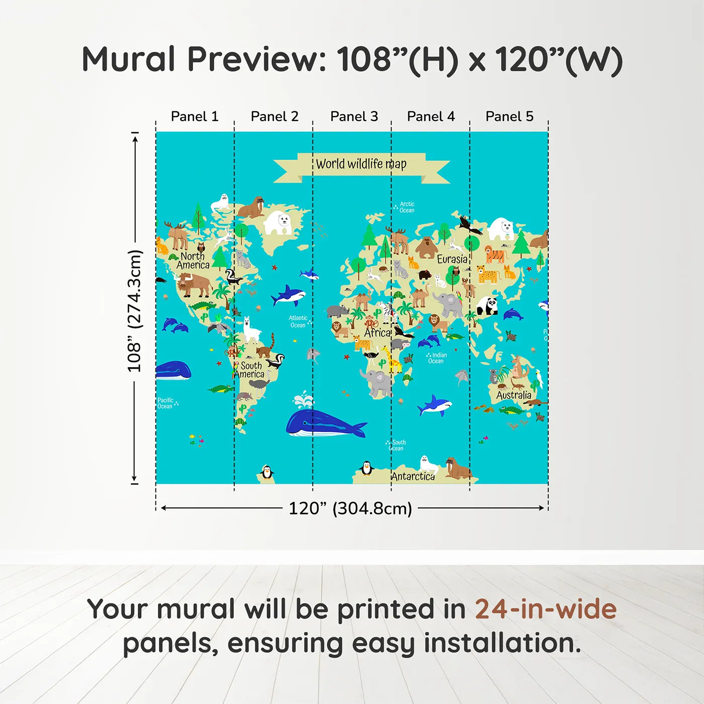 Whimsy Tots World Wildlife Map Wall Mural in Tealdimension view (108" H x 120" W). Printed in five 24-inch-wide panels. Gender-Neutral