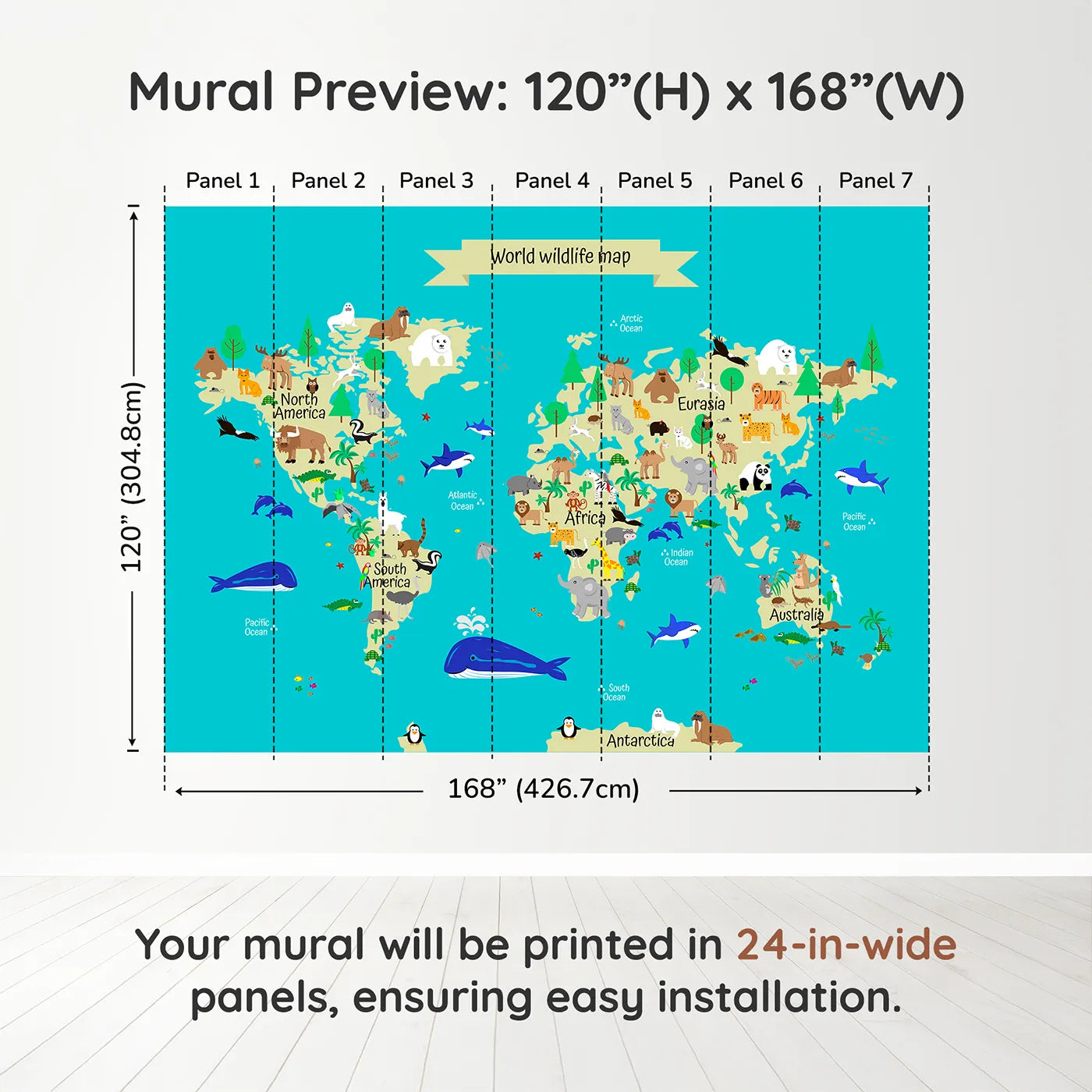 Whimsy Tots World Wildlife Map Wall Mural in Tealdimension view (120" H x 168" W). Printed in seven 24-inch-wide panels. Gender-Neutral