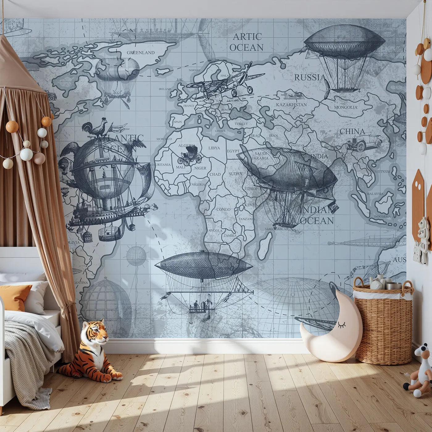 Front view of Whimsy Tots' Vintage Airship World Map Wall Mural