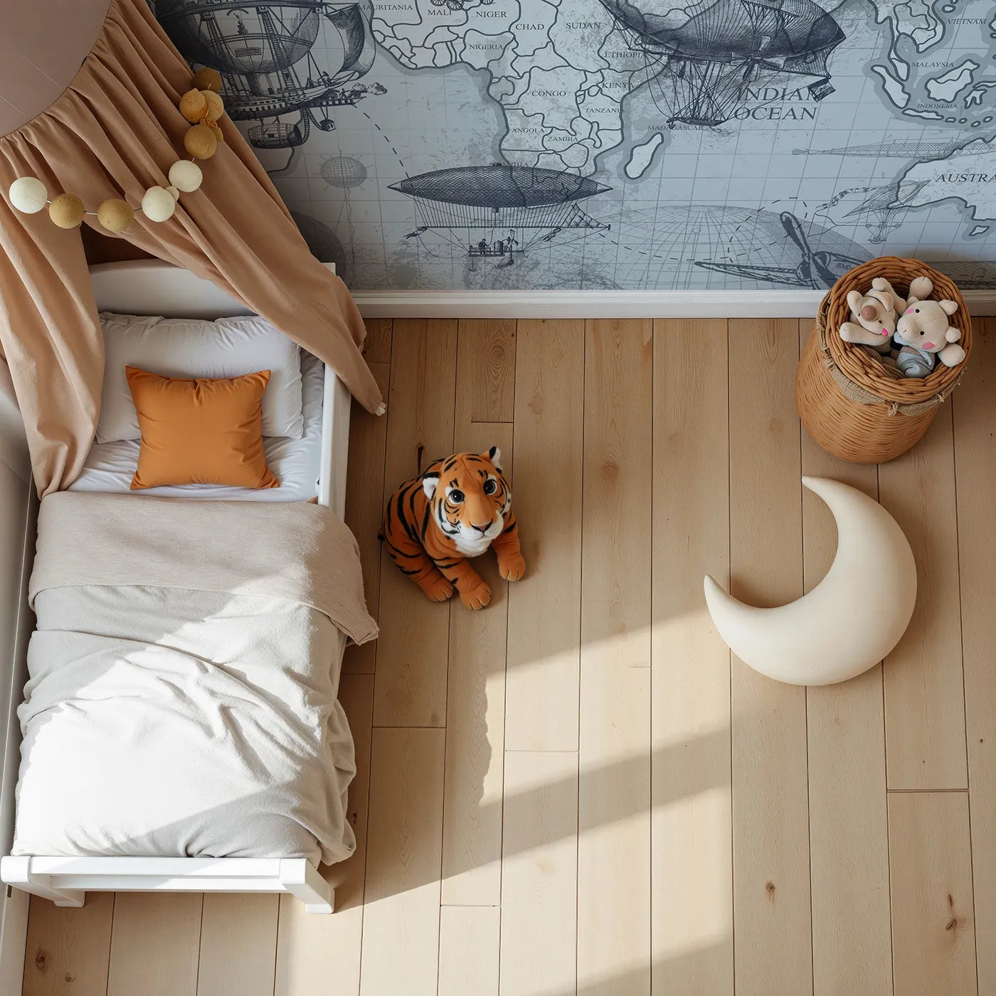 Top-down view of Whimsy Tots' Vintage Airship World Map Wall Mural (Turn Their Room into a Steampunk Explorer's Study).Gender-Neutral