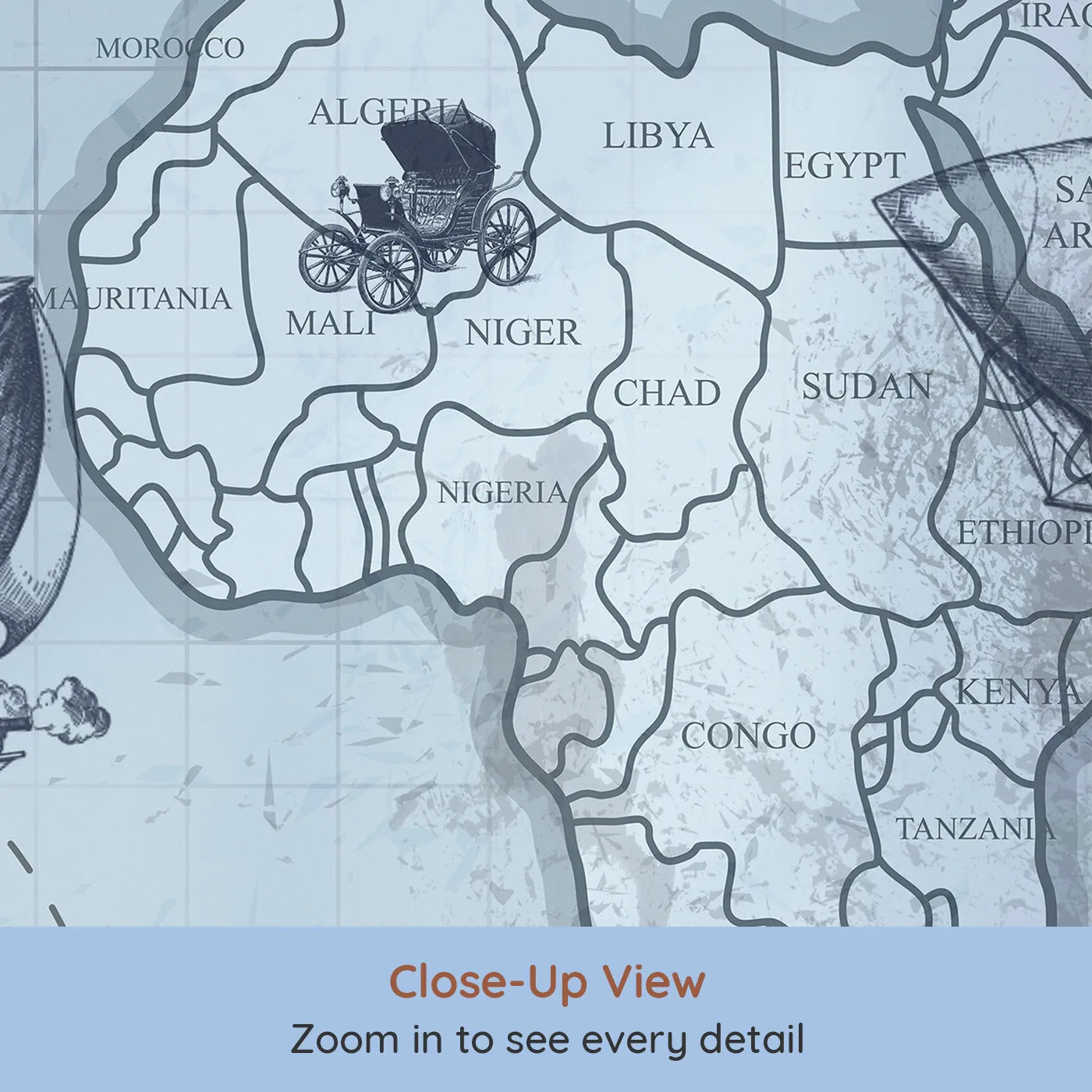 Close-up view of Whimsy Tots' Vintage Airship World Map Wall Mural (Turn Their Room into a Steampunk Explorer's Study).Gender-Neutral