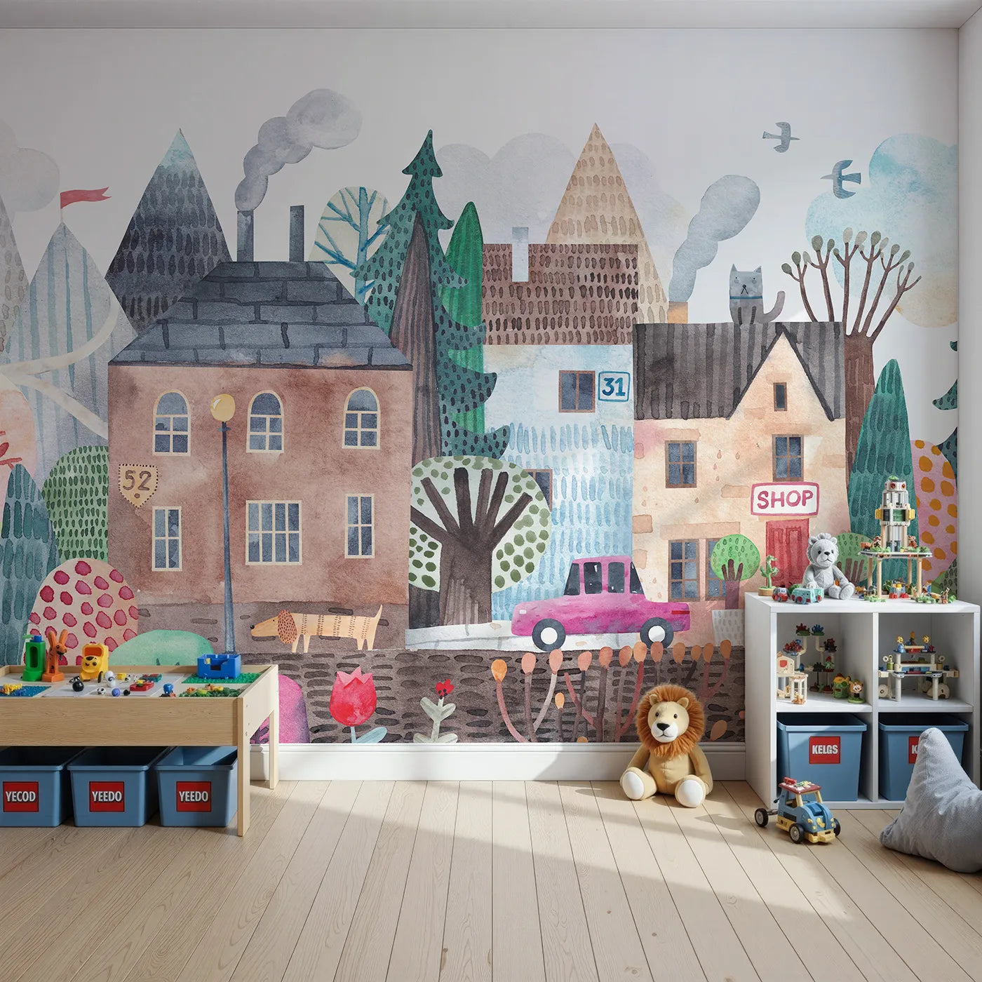Front view of Whimsy Tots' Quirky Watercolor Town Wall Mural