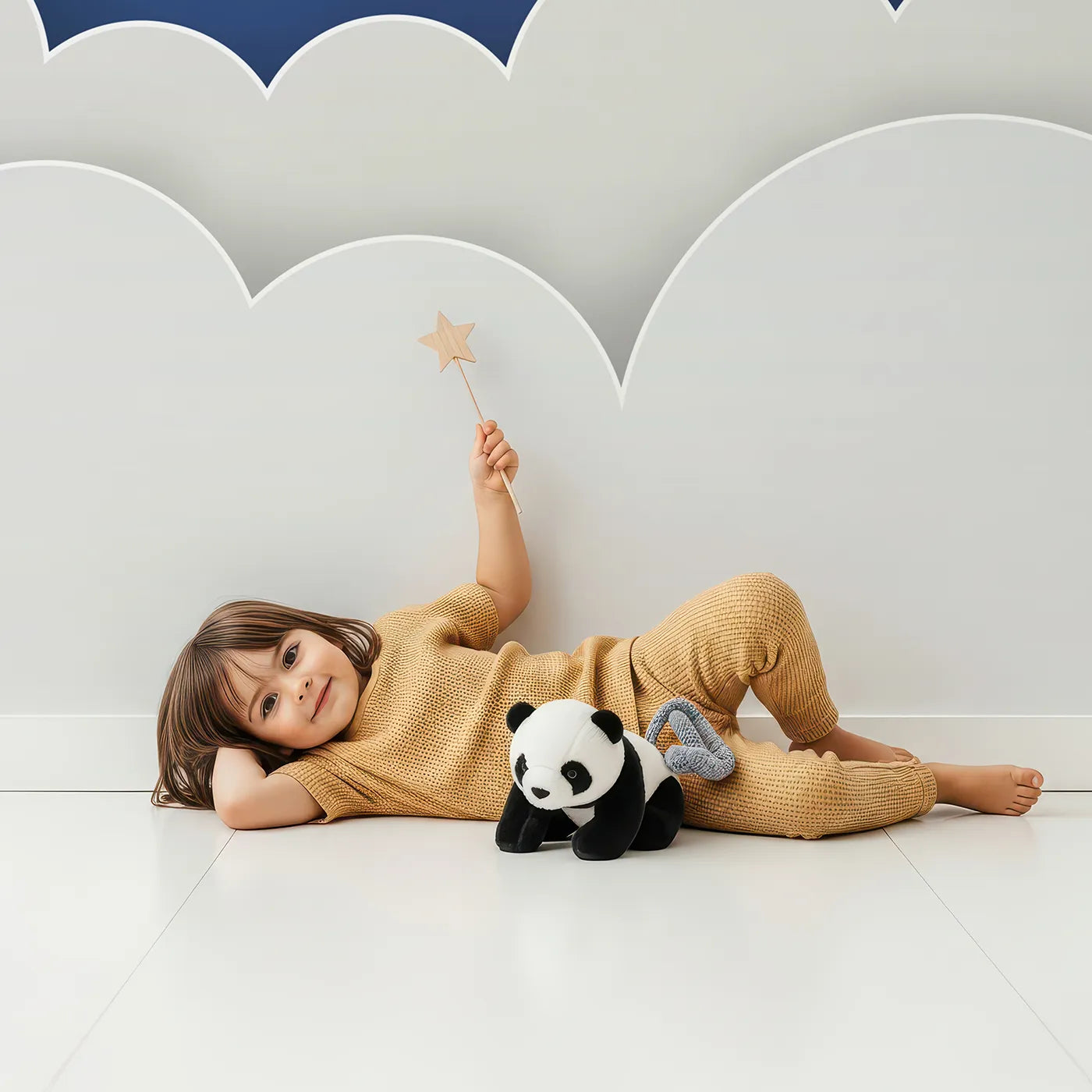 Child in front of Whimsy Tots Papercraft Rocket Launch Wall Mural with rocket, space, cloud, star, launch, papercraft, paper, cut in design.