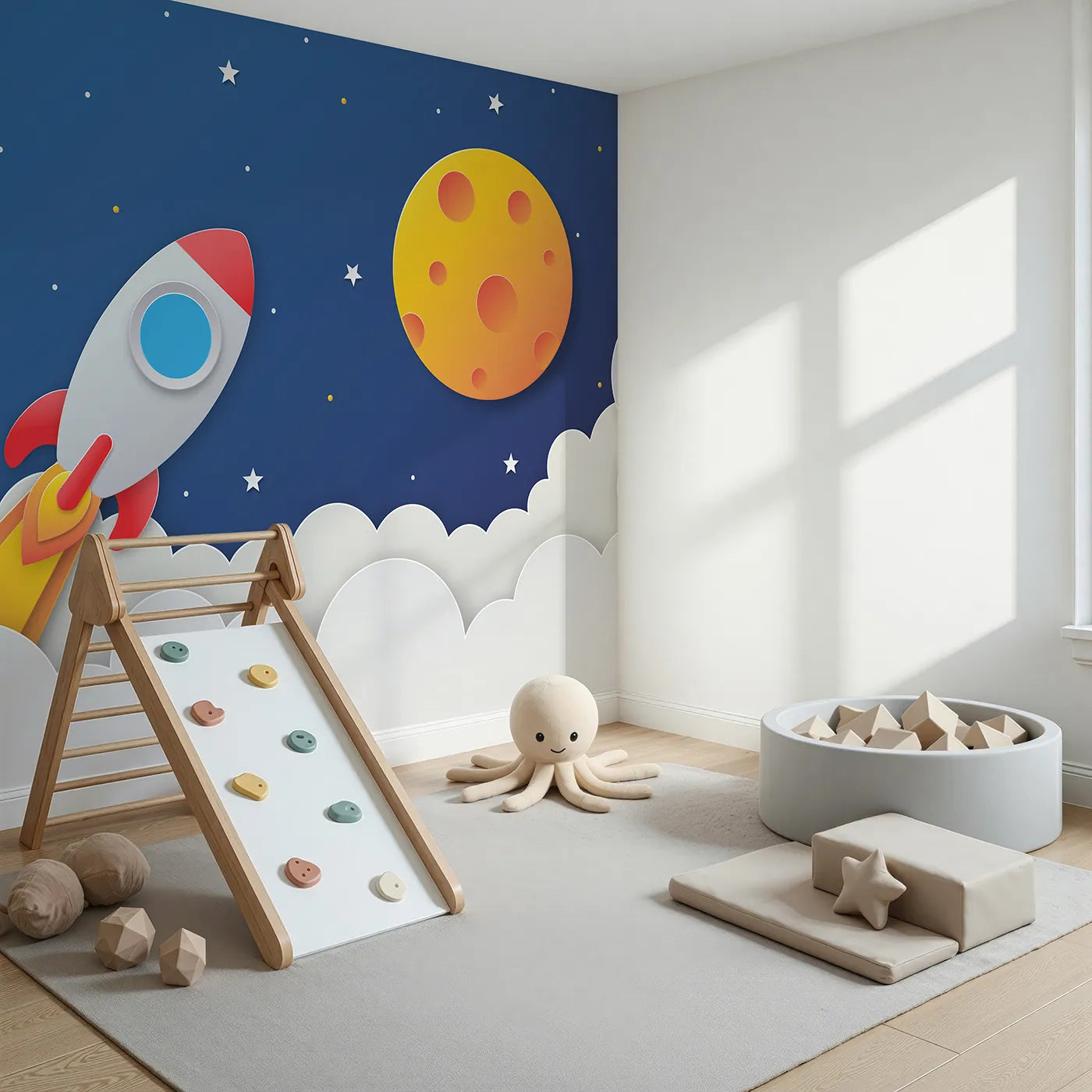 Angled view of Whimsy Tots' Papercraft Rocket Launch Wall Mural (Turn Their Room into a Countdown to Adventure).Gender-Neutral