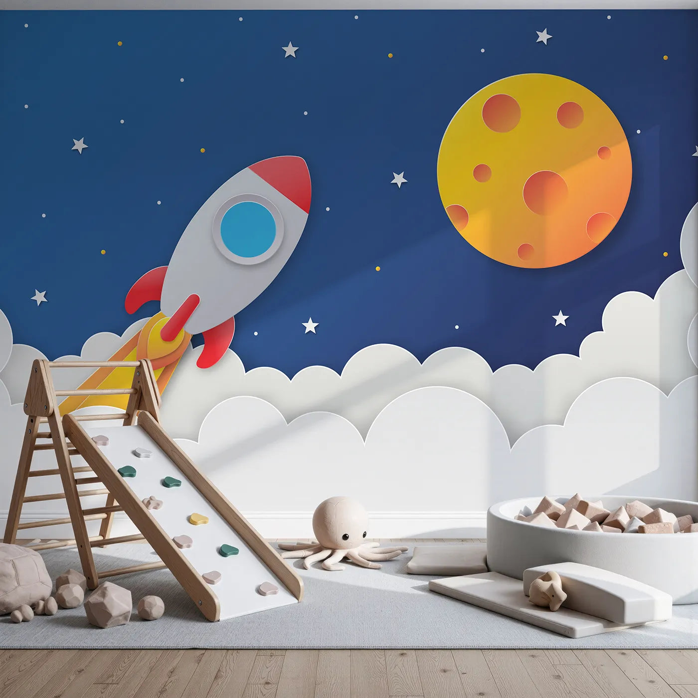 Front view of Whimsy Tots' Papercraft Rocket Launch Wall Mural