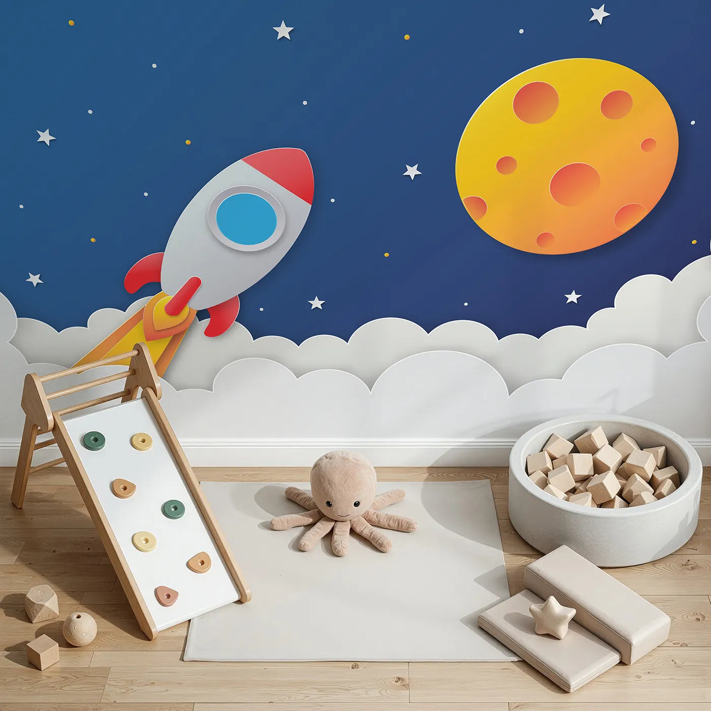 Top-down view of Whimsy Tots' Papercraft Rocket Launch Wall Mural (Turn Their Room into a Countdown to Adventure).Gender-Neutral