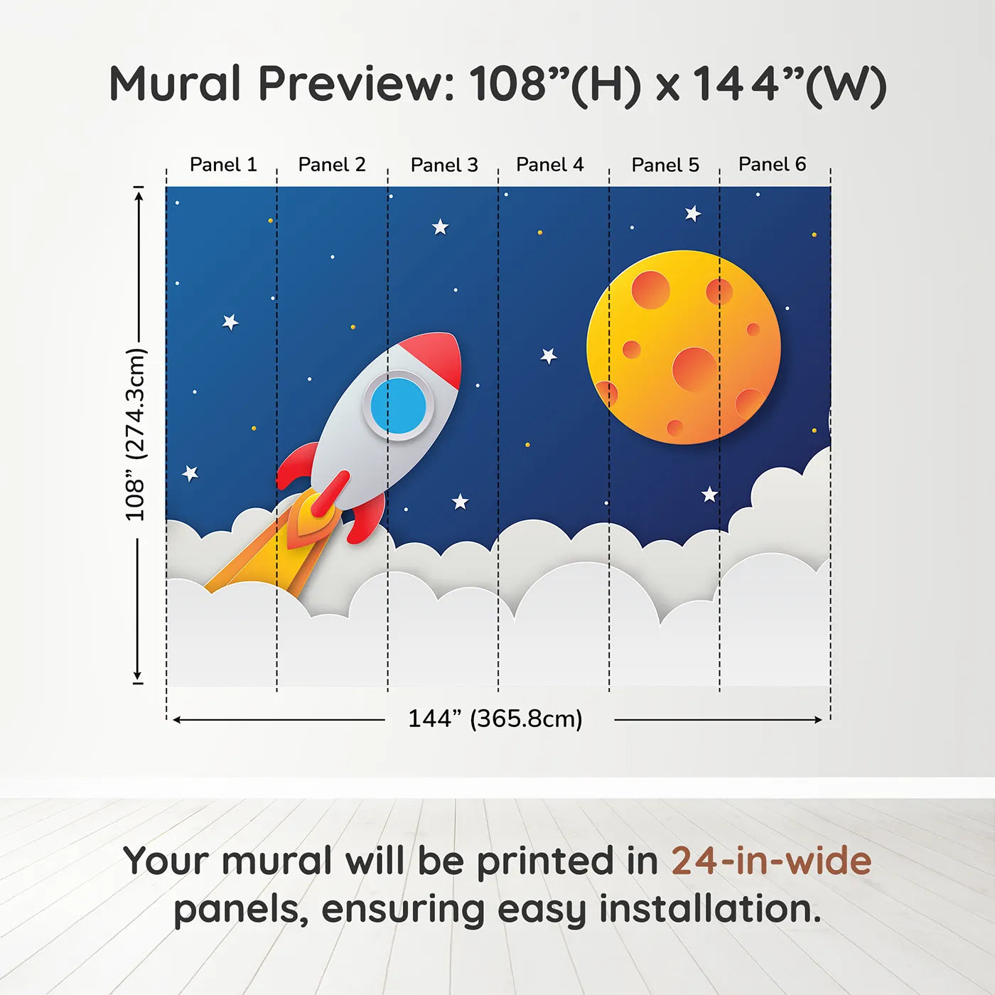 Whimsy Tots Papercraft Rocket Launch Wall Muraldimension view (108" H x 144" W). Printed in six 24-inch-wide panels. Gender-Neutral