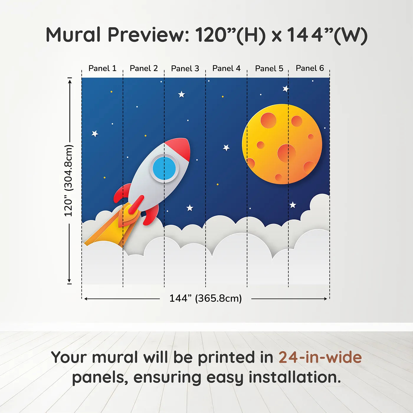 Whimsy Tots Papercraft Rocket Launch Wall Muraldimension view (120" H x 144" W). Printed in six 24-inch-wide panels. Gender-Neutral