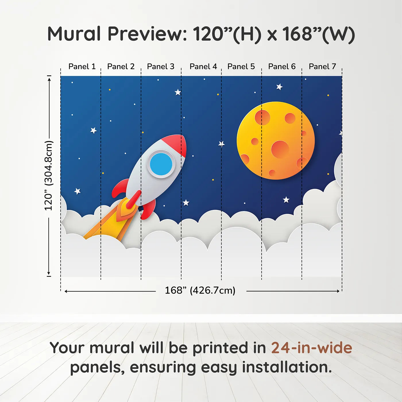 Whimsy Tots Papercraft Rocket Launch Wall Muraldimension view (120" H x 168" W). Printed in seven 24-inch-wide panels. Gender-Neutral